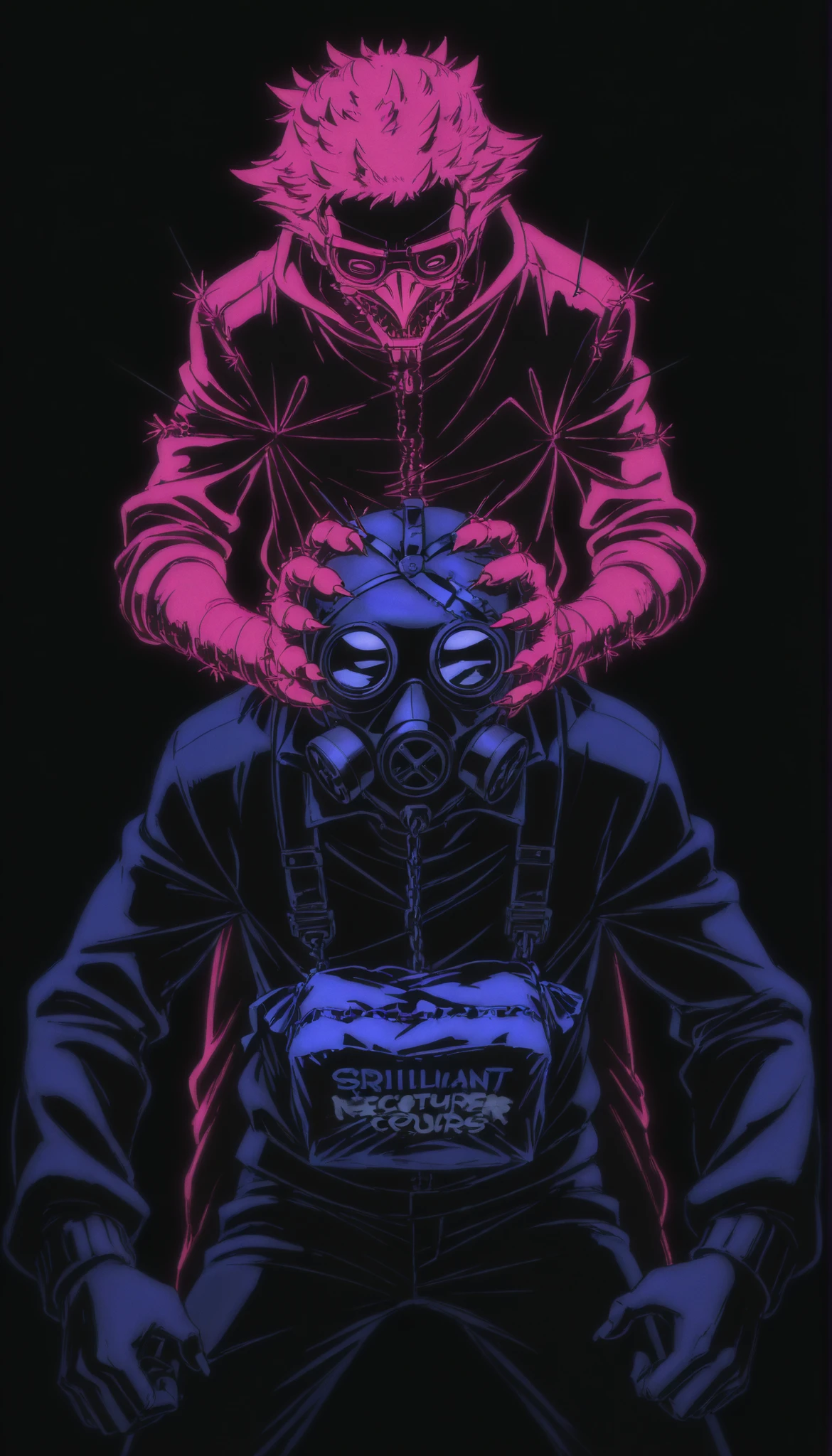 Feathered scarecrow,cloth bag on the head,((stitched )),gas mask,needles on the fingers,((crows)),chains,crows negros,limited palette , black background, colorful , Animated,brilliant contours,neon, black light ,