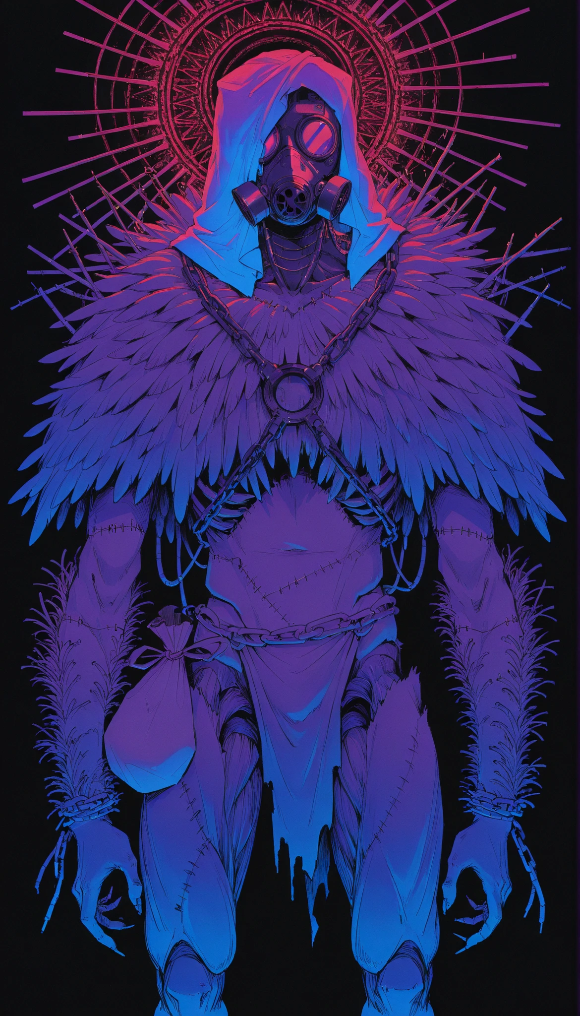 Feathered scarecrow,cloth bag on the head,((stitched )),gas mask,needles on the fingers,((crows)),chains,crows negros,limited palette , black background, colorful , Animated,brilliant contours,neon, black light ,exposed muscles,bone