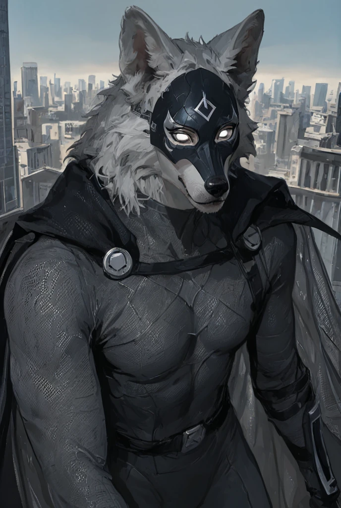 solo,anthro,furry male,grey wolf,male focus,(black hood:1.2),(crossed arms:1.2),red eyes,glowing,necklace,(looking at viewer:1.2),(heterochromia:1.2),hood up,blurry,blue eyes,animal ears,(by null-ghost,by raccoon21,masterpiece,high quality),smile,portrait,front view,close-up,center,night,(angry:1.3),zinogre,dragon_horns,neon,animal mecha,realistic,(metal surface),cyborg,