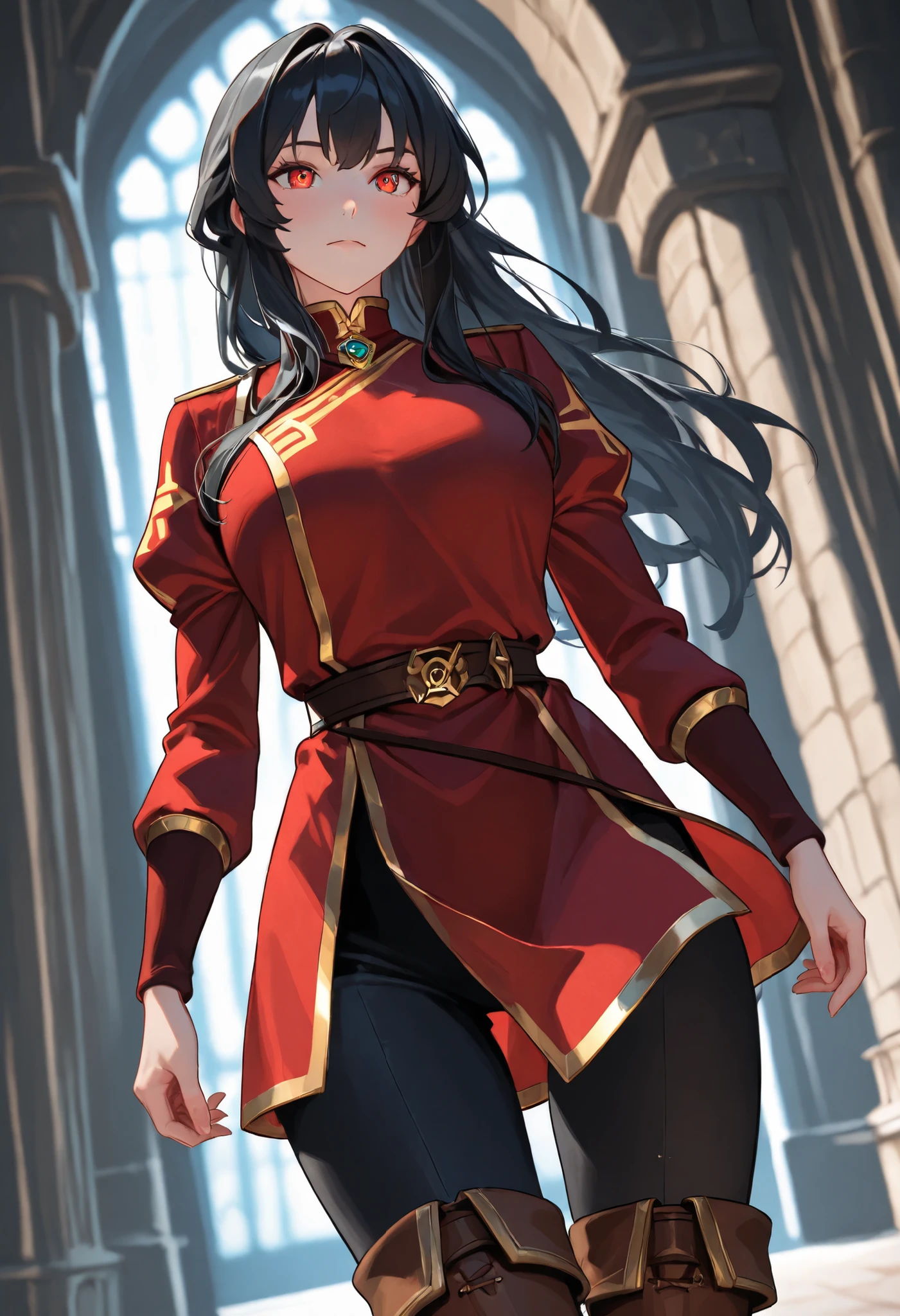 ceii yyorr, long hair, black hair, in a castle, solo, RPG style, red adventurer tunic, black pants, black thigh pants, brown boots, brown thigh boots, outfit with gold trim, elegant, dominant, dutch angle, cowboy shot, perfect eyes, perfect body