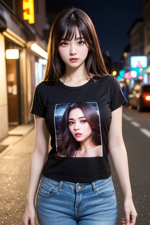 Girl in oversize t-shirt and short for photo、oversize t-shirt、Moderately bust、22-year-old female model, CG rendering, Blurred background, deep shadow, 16K, Very detailed, wallpaper, depth of field, movie light, lens flare, Ray tracing.
