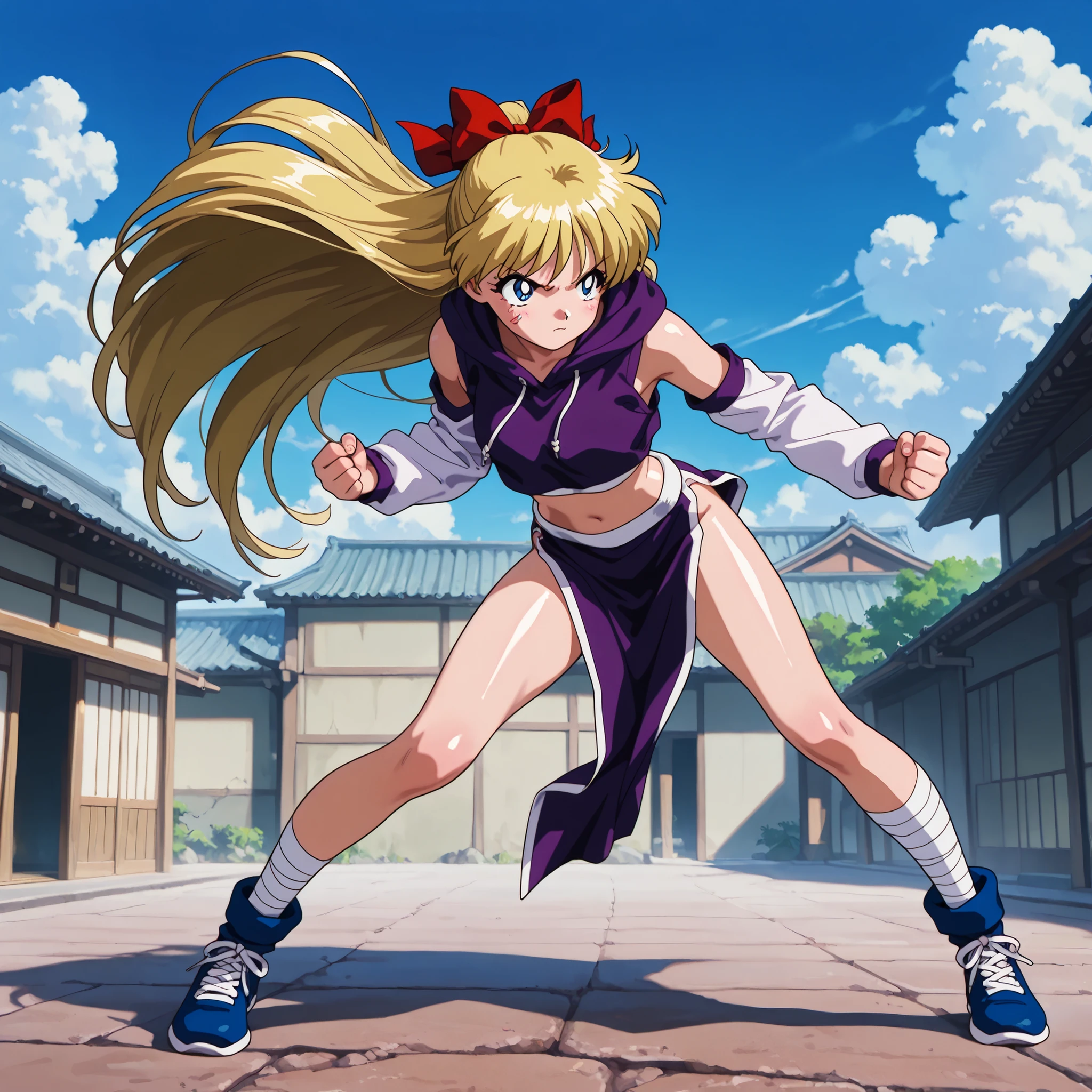 masterpiece, amazing quality, best quality, ultra-detailed, 8K, illustration, clear skin, ultra-detailed-eyes, soft skin, very awa, very as2, shiny skin, shiny hair, soft body, 90's style, official art, minako aino, blonde hair, blue eyes, hair bow, half updo, long hair, bare shoulders, detached sleeves, bandages, bandaged leg, sleeveless, hoodie, hood down, crop top, purple crop top, pelvic curtain, detached sleeves, looking at side, solo, full body, contrapposto, blue sky, cloud, hidden village, angry, attack pose, dynamic pose