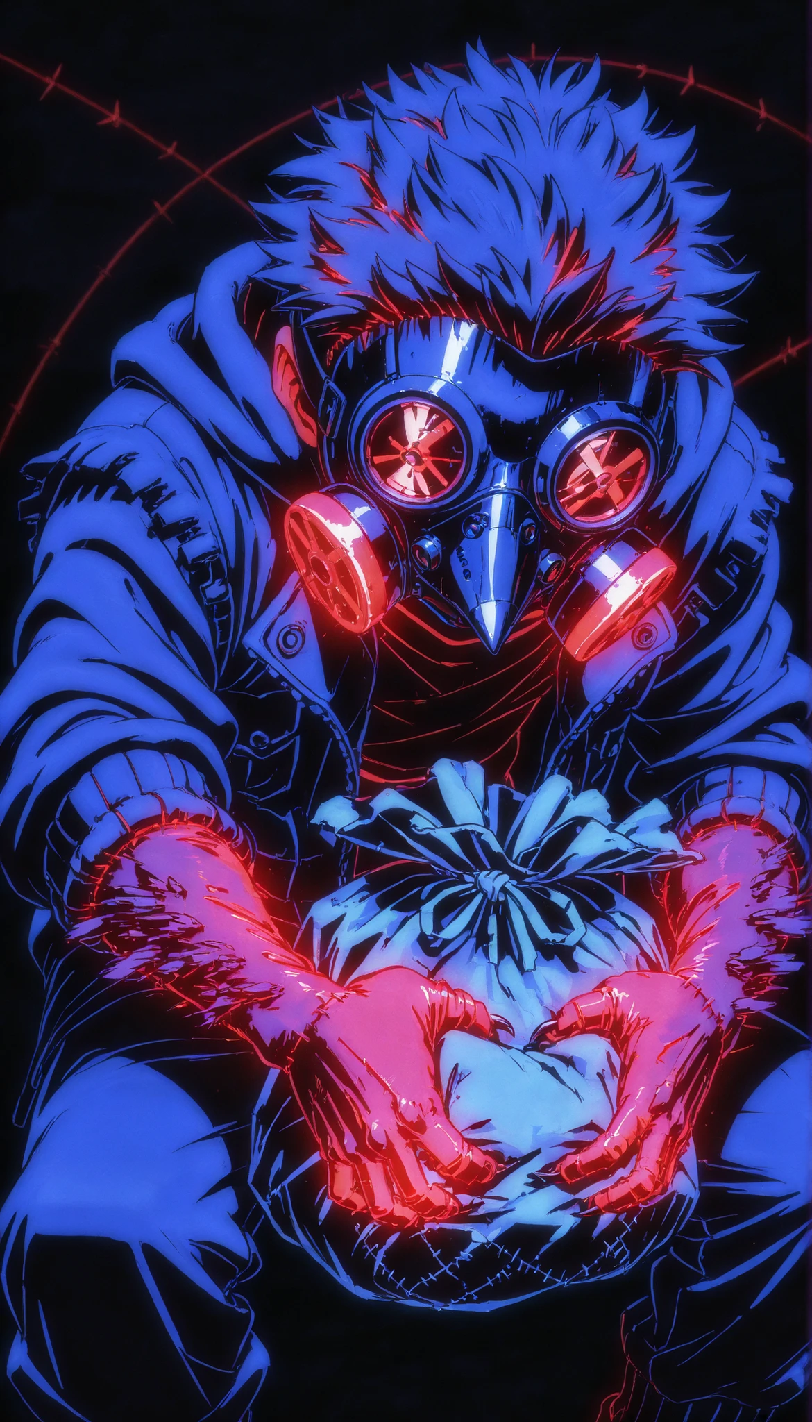 Feathered scarecrow,cloth bag on the head,((stitched )),gas mask,needles on the fingers,((crows)),chains,crows negros,limited palette , black background, colorful , Animated,brilliant contours,neon, black light ,