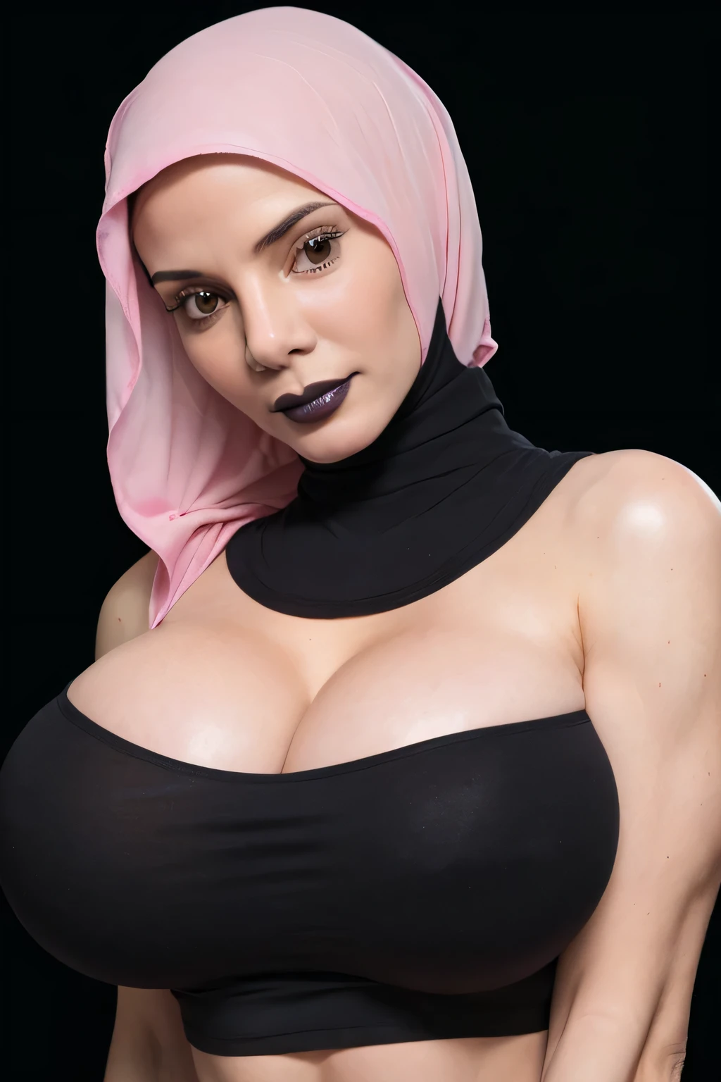 ((GOTHIC GOTH GIRL BLACK LIPS)), Jumbo (Singlet), Chubby adorable, 1 girl, (face to face), 10 years old, baby face, angry face expression, half body portrait, (face details: 1), (eye details: 1), ((big breasts)). wearing transparent transparency soft long shirt, hijab, .. Cute posed. proportional body. Ultra High Res. realistic: 1.4, UHD, ((white leopard pattern)), ((Bigger:2.4)), (((DARK BACKGROUND)))