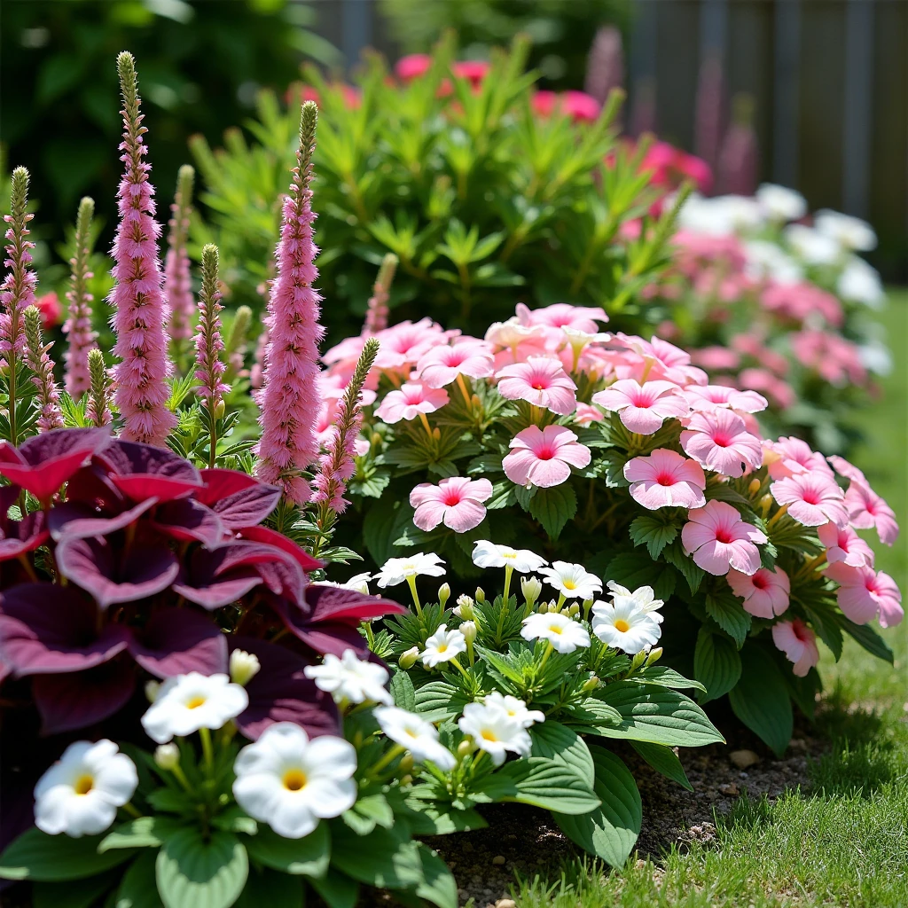 a close up of a planter with red flowers in a garden, lobelia, red and magenta flowers, ❤🔥🍄🌪, ( visually stunning, salvia, very stylized, purple and red flowers, very colourful, purple and scarlet colours, beautiful composition, beutiful!, by Albert Bertelsen, highly colorful, nice deep colours, red flowers