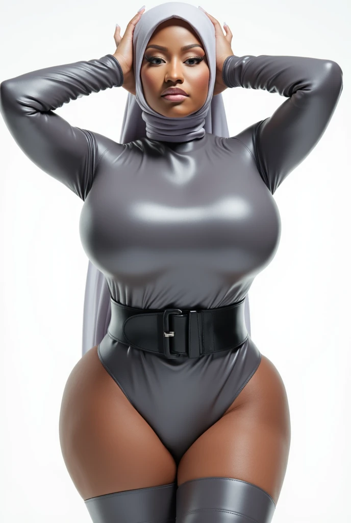 (24K, best quality, tmasterpiece), (she has a physique like Cherokee D'Ass), (demure chest, tiny waist, small breasts), (She has ultra massive buttocks, Most massive booty), (white blouse with taupe scarf), (big hips, ultra wide hips, trapezoidal hips, extremely wide hips), (cream bodysuit, white blouse with taupe scarf, short mauve jacket), (Studio soft light, high detail, cinematic lighting, rim lighting), (Womanly, Womancore), (dark skin, glistening skin, beautiful complexion, dark melanin), full body, masterful, shot on Fujifilm superia --auto --s2