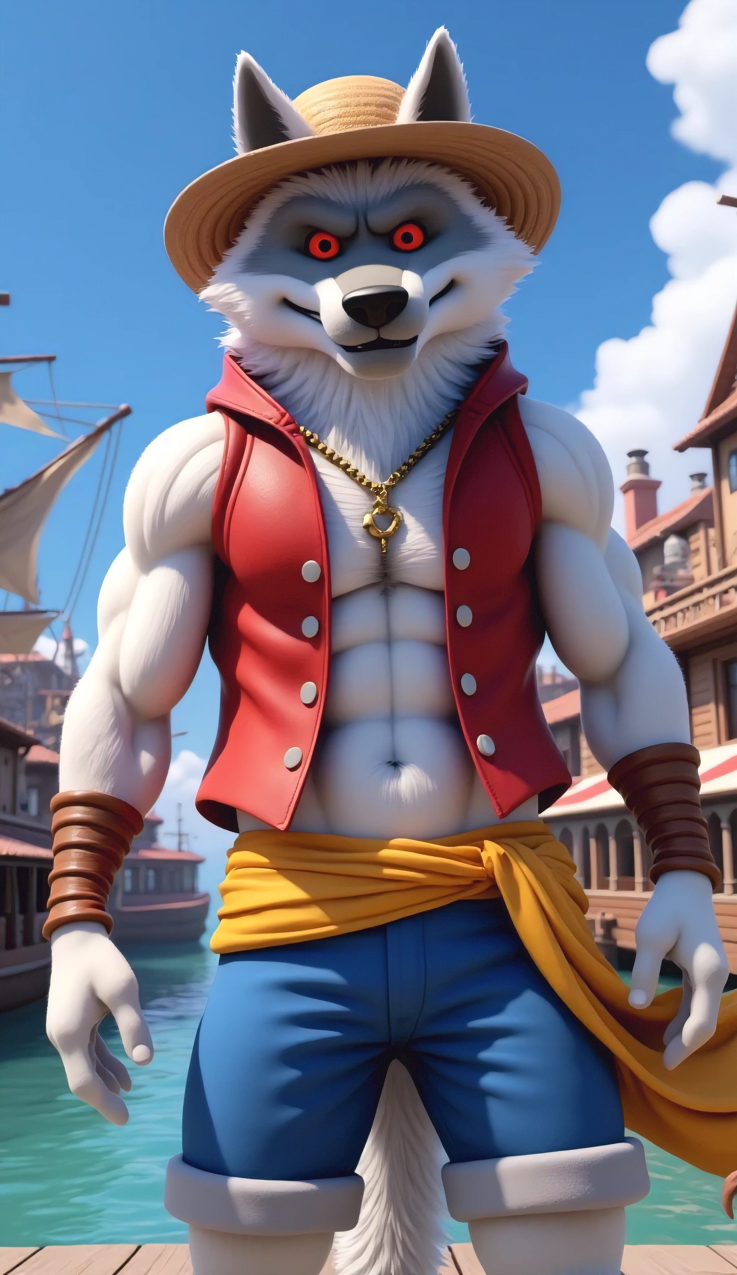 muscular anthro adult wolf fursuit, male, with white fur and piercing red eyes, dressed in a detailed cosplay of Luffy from One Piece. He is wearing the signature red vest, blue shorts, and straw hat. His strong, heroic posture reflects the adventurous spirit of the character. The background is a lively port town inspired by the One Piece world, with ships, wooden docks, and blue skies. 3D render, ultra cinematic, ultra HD 8K, realistic textures, detailed fur and costume fabric, digital art, masterpiece quality, vibrant colors, dynamic lighting, cinematic shading, standing confidently, looking at the viewer with a bold expression."