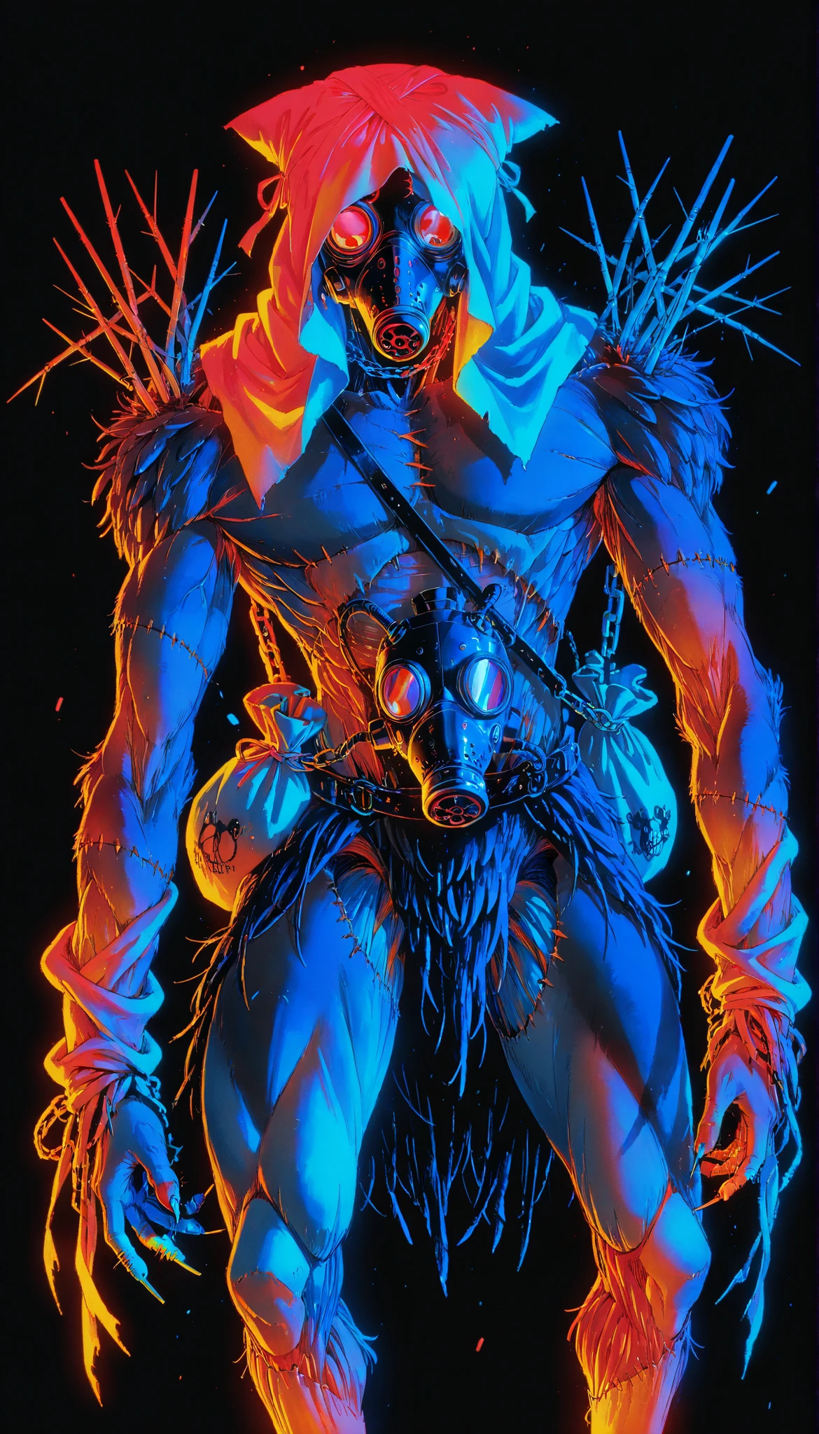 Feathered scarecrow,cloth bag on the head,((stitched )),gas mask,needles on the fingers,((crows)),chains,crows negros,limited palette , black background, colorful , Animated,brilliant contours,neon, black light ,exposed muscles,bone