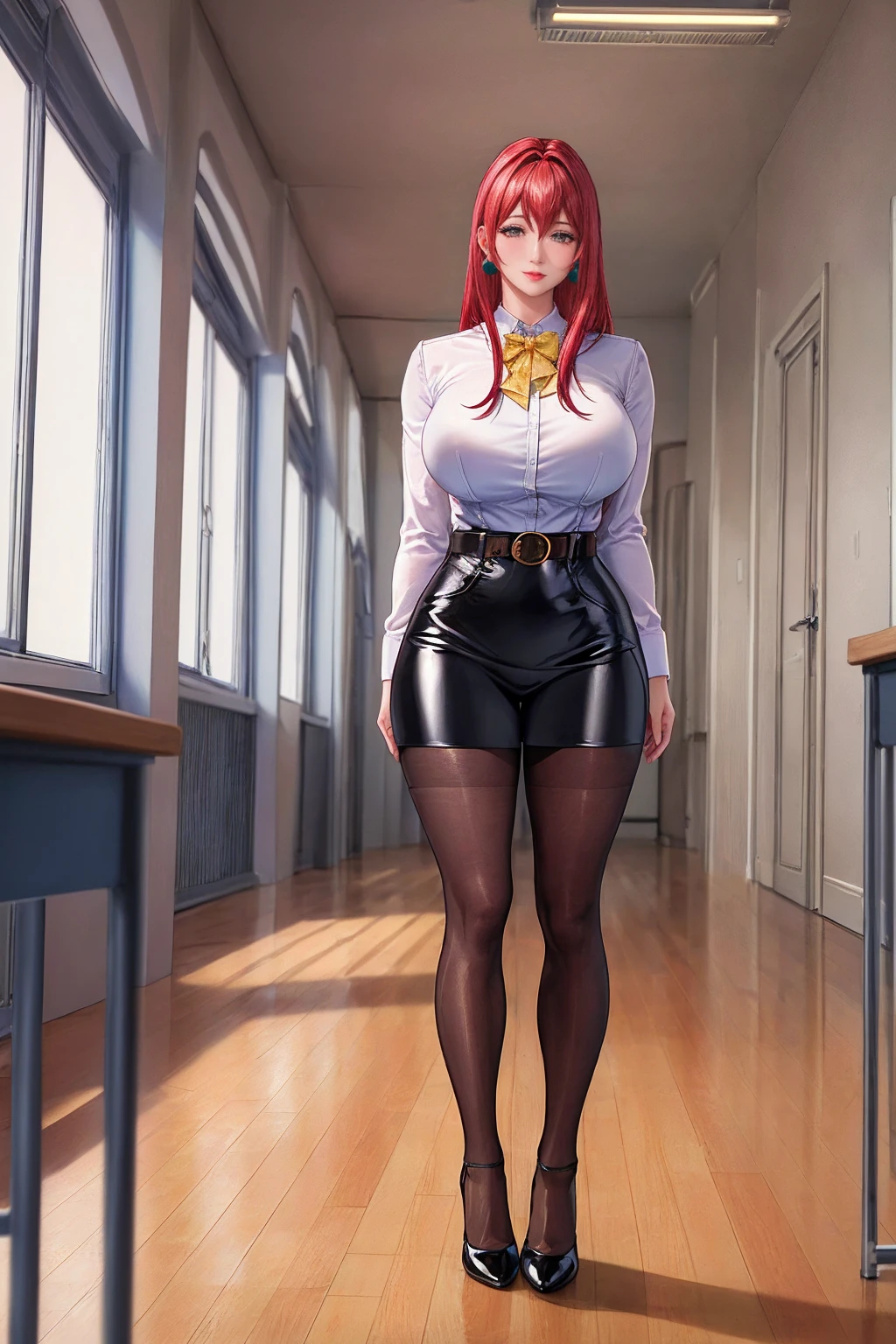 (masterpiece, better quality, High Quality:1.4), professional artwork, intricate details, Field of view, sharp focus, detailed painting, masterpiece, cinematic lighting, tendencia en pixiv, (vivid lighting, vibrant colors, by Nagasawa Rosetsu:1.05),
 Red satin miniskirt , (mature female, Mother and daughter:1.1), Alone , (curvilinear:1.1), standing near the blackboard,  holding chalk , classroom, (Full body photo:1.1),
(red hair:1.05), Long Hair, lipstick, make-up, ultra detail hair , face with ultra detail, (purple eyes shirt:1.05), perfect eyes helmet, perfect face blouse, earrings, ( confused, blush:1.2),
shirt,  jacket, (tall black tights, league belt away:1.1), Absolute territory, Pencil skirt, school uniform, high heels,
(Big :1.1), neckline,  big ,  thighs,