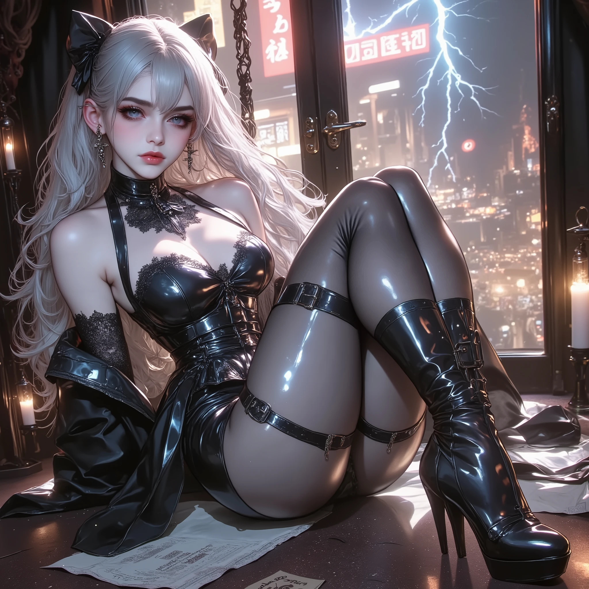 Highest quality、、(Bunny girl)、Fishnet tights、High heels、Red Bunny Suit、View Viewer、smile、Futuristic Living Room、indirect lighting、Room with houseplants、From the window you can see the valley between the city buildings、Night view、Silver short hair、Beautiful eyes、Beautiful Face、Delicate eyes

