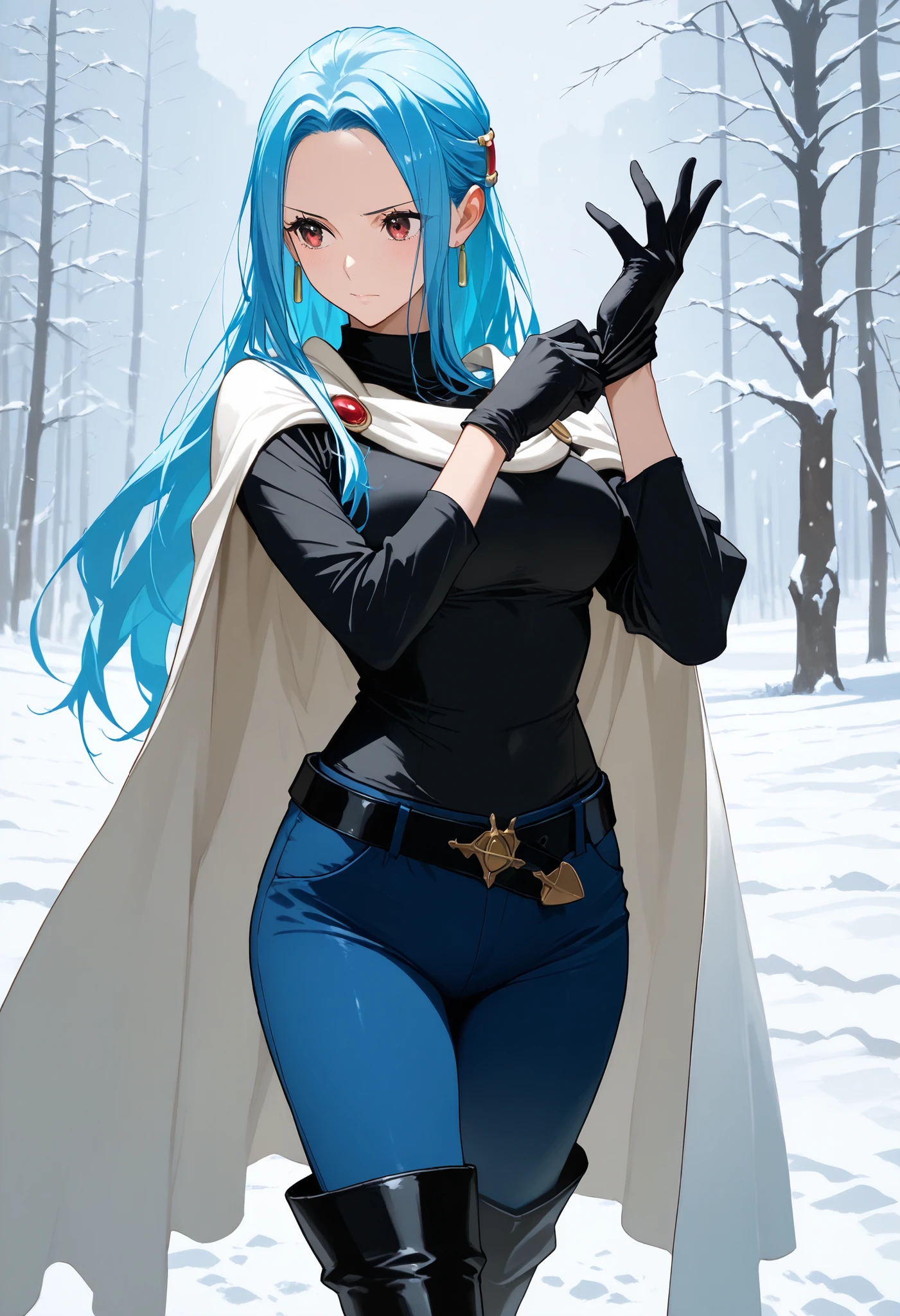 score9_up, score8_up, score7_up, solo, alone, masterpiece, best quality, nefertari-vivi, blue hair, brwon eyes, long hair, black boots, black thigh boots,blue pants, blue tight pants, black shirt, black belt, black gloves, white cape, snow, very beautiful, adjusting clothes, adjusting gloves