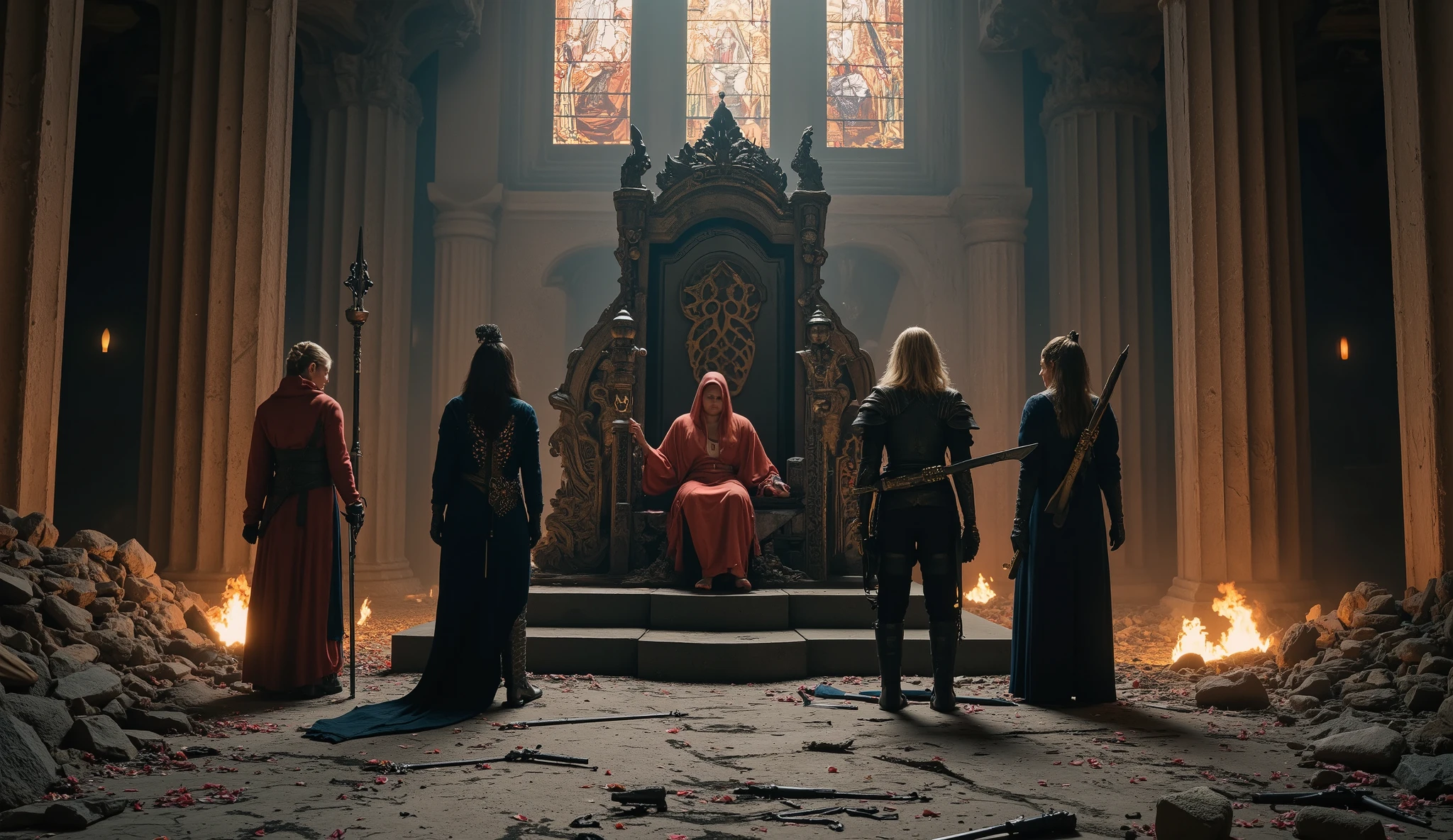 Four powerful female warriors from different cultures (desert assassin, forest guardian, gothic knight, and storm priestess) stand in silence before a shattered obsidian throne. The ruined throne room is lit by flickering torches and scattered petals. Broken weapons lie across the floor, and above them, stained-glass windows depict ancient battles. Each woman carries a unique weapon, and their expressions reflect grief and unity. Dramatic composition, high fantasy elegance, emotional depth, cinematic mood, 16:9 aspect ratio. --ar 16:9 --v 5 --q 2 --style 4b