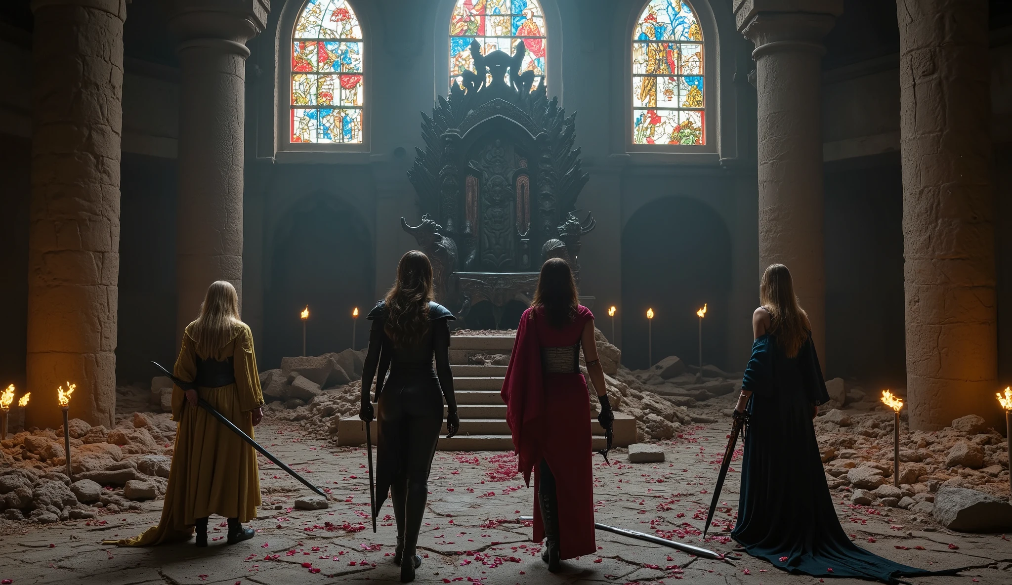 Four powerful female warriors from different cultures (desert assassin, forest guardian, gothic knight, and storm priestess) stand in silence before a shattered obsidian throne. The ruined throne room is lit by flickering torches and scattered petals. Broken weapons lie across the floor, and above them, stained-glass windows depict ancient battles. Each woman carries a unique weapon, and their expressions reflect grief and unity. Dramatic composition, high fantasy elegance, emotional depth, cinematic mood, 16:9 aspect ratio. --ar 16:9 --v 5 --q 2 --style 4b