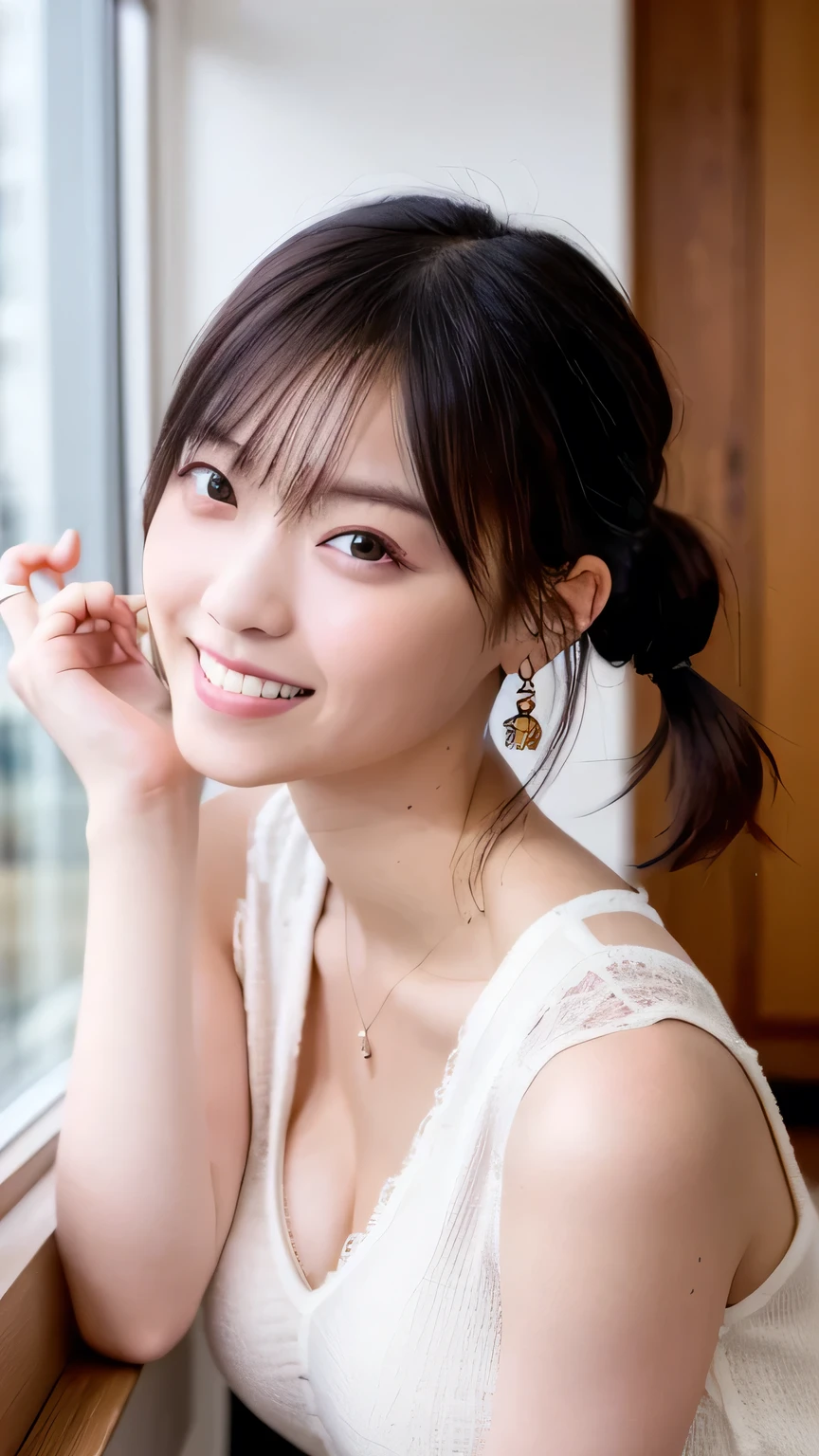 1 Japanese beauty , depth off field, first-person view, f/1.8, 135mm, Nikon, 超high definition, retina, masterpiece, accurate, anatomically correct, textured skin,Very white skin、 clear skin 、 Super Detail, high detail, high quality, Best Quality, high definition, 1080P, high definition, 8k, (big boob:1.2), (deep cleavage:1.2)、Japanese beauty 1 person, (Big round eyes:1.4)、iris heterochromia、Dolly Make、round face、She is smiling very happily、INSANELY BEST SMILE、is smiling with her mouth open、Her front teeth are neatly arranged、(Braided Top Knot,twisted side part ponytail、Braided Headband,half up、Braided Space Bun,voluminous fishtail braid,Twisty Bang)、(She's wearing a peplum(White))、Her chest is wide open and looks awesome、Her clothes are so thin that you can see through her cute nipples、office at sunset、She is sitting in a window seat、I can see a skyscraper city out the window