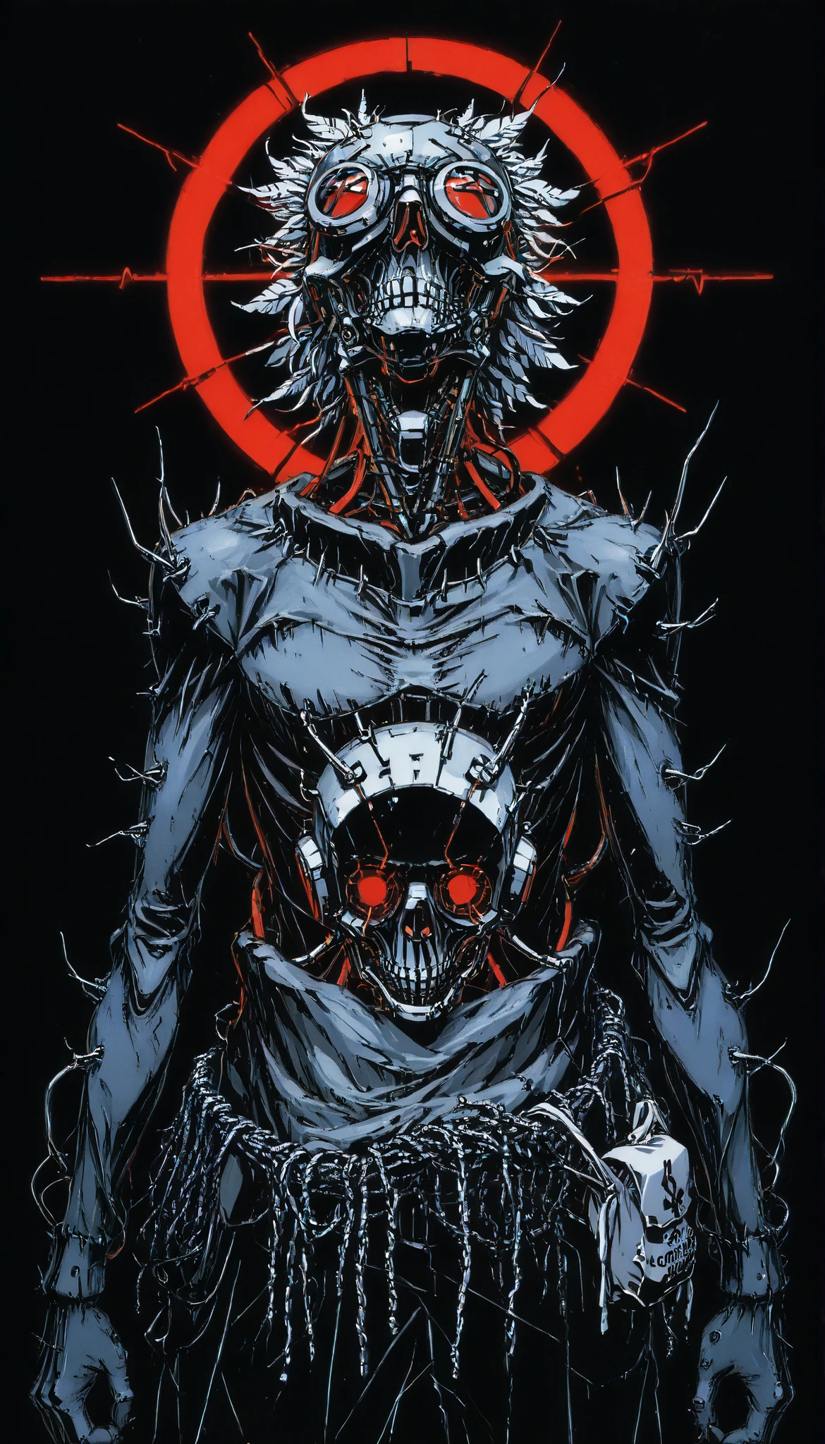 Feathered scarecrow,cloth bag on the head,((stitched )),gas mask,needles on the fingers,((crows)),chains,crows negros,limited palette , black background, colorful , Animated,brilliant contours,neon, black light ,exposed muscles,bone,ciborg,organic