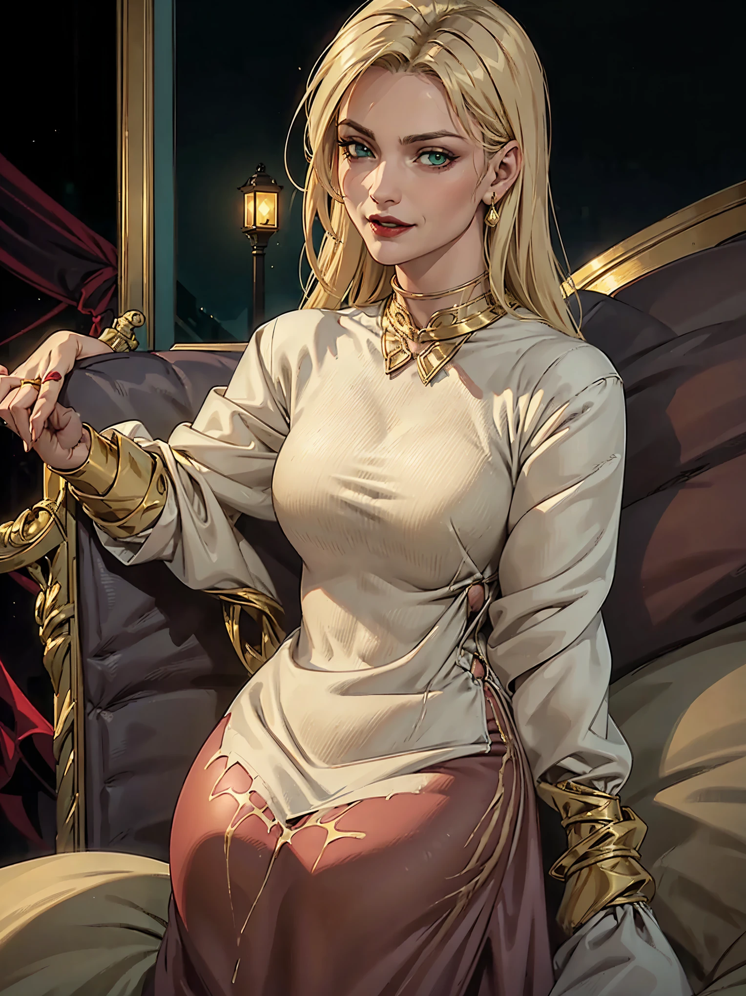 Detailed face Portrait, Ciri as empress of Nilfgaard, gold crown, long hair, black dress, dark makeup, choker, smug face, smirk, w1tch3r1c4rdstyl3