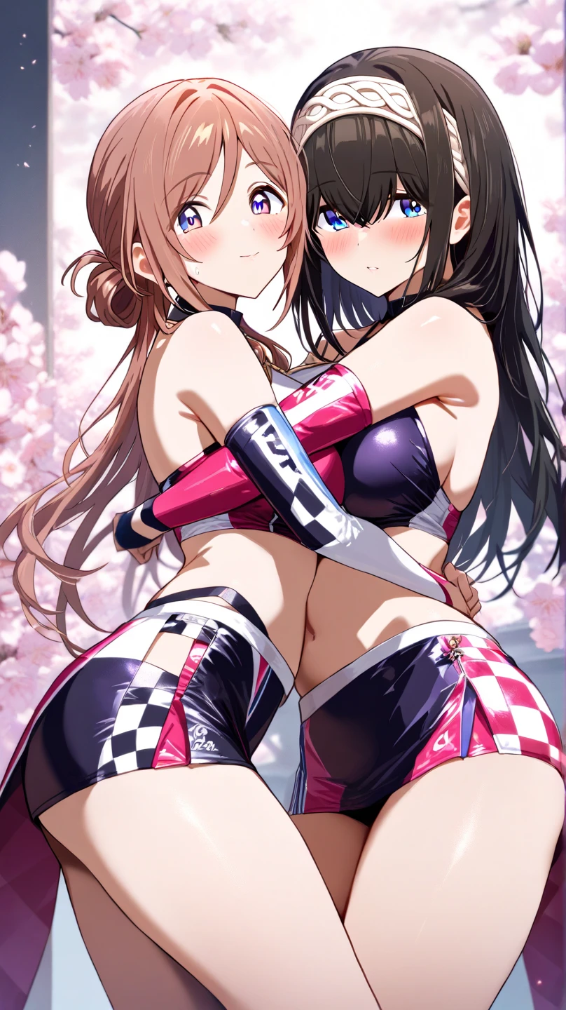 two girl,big breasts,Bikini Tops,hot pants,gloves,smile,Embrace each other,