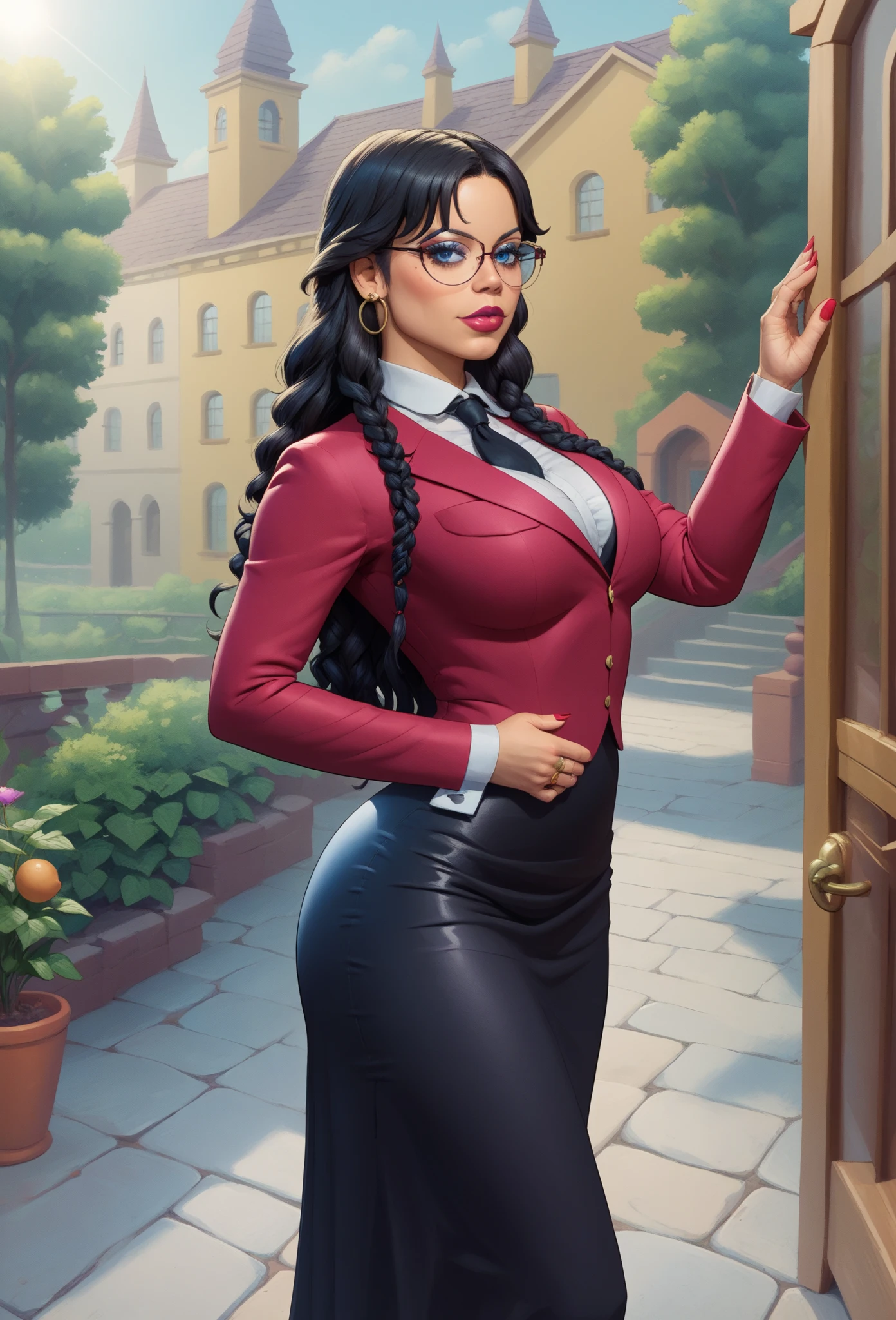 (masterpiece, high quality:1.4), style by Stanley Artgerm Lau and Alphonse Mucha, Tootie(FOP), purple eyes, glasses, long twintails, large breasts, (white shirt), curvy, taut clothes, (grey miniskirt), (black pantyhose), looking at viewer, smile, upper body