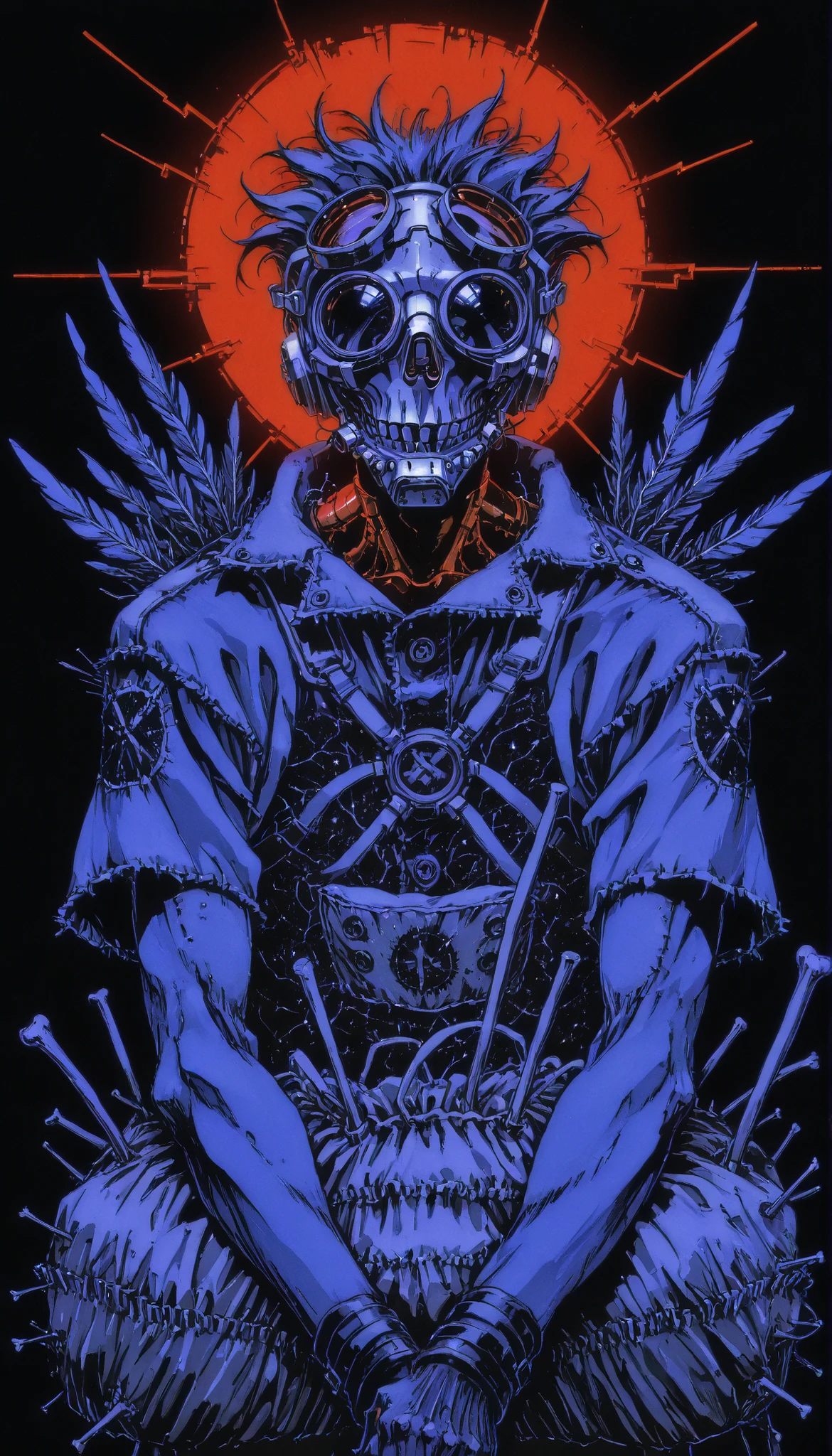 Feathered scarecrow,cloth bag on the head,((stitched )),gas mask,needles on the fingers,((crows)),chains,crows negros,limited palette , black background, colorful , Animated,brilliant contours,neon, black light ,exposed muscles,bone