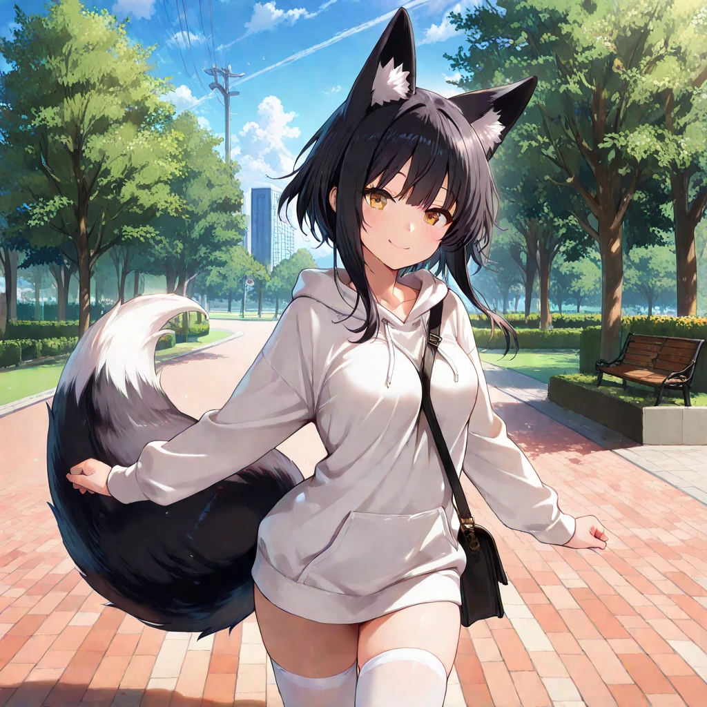 anime loli, loli, lolicon, small body, flat chest, short hair, black hair, blue eyes, wolf ears, wolf tail, standing, white jacket, black top, black shorts, white socks, black sneakers, black gloves , kawaii look, thick thighs, anime girl, dam senary
