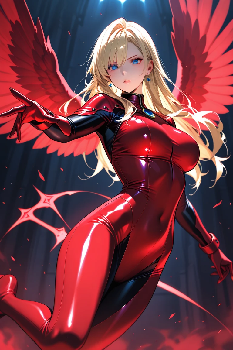 Erotic Tall blonde with twin tails and big breasts, mature married woman, white sequins, red rubber suit, black background, hearts, bedroom, dark theme, evil, temptation, excitement, condescending smile, sexy pose, upper body emphasis, angle from below, angel wings, angel
