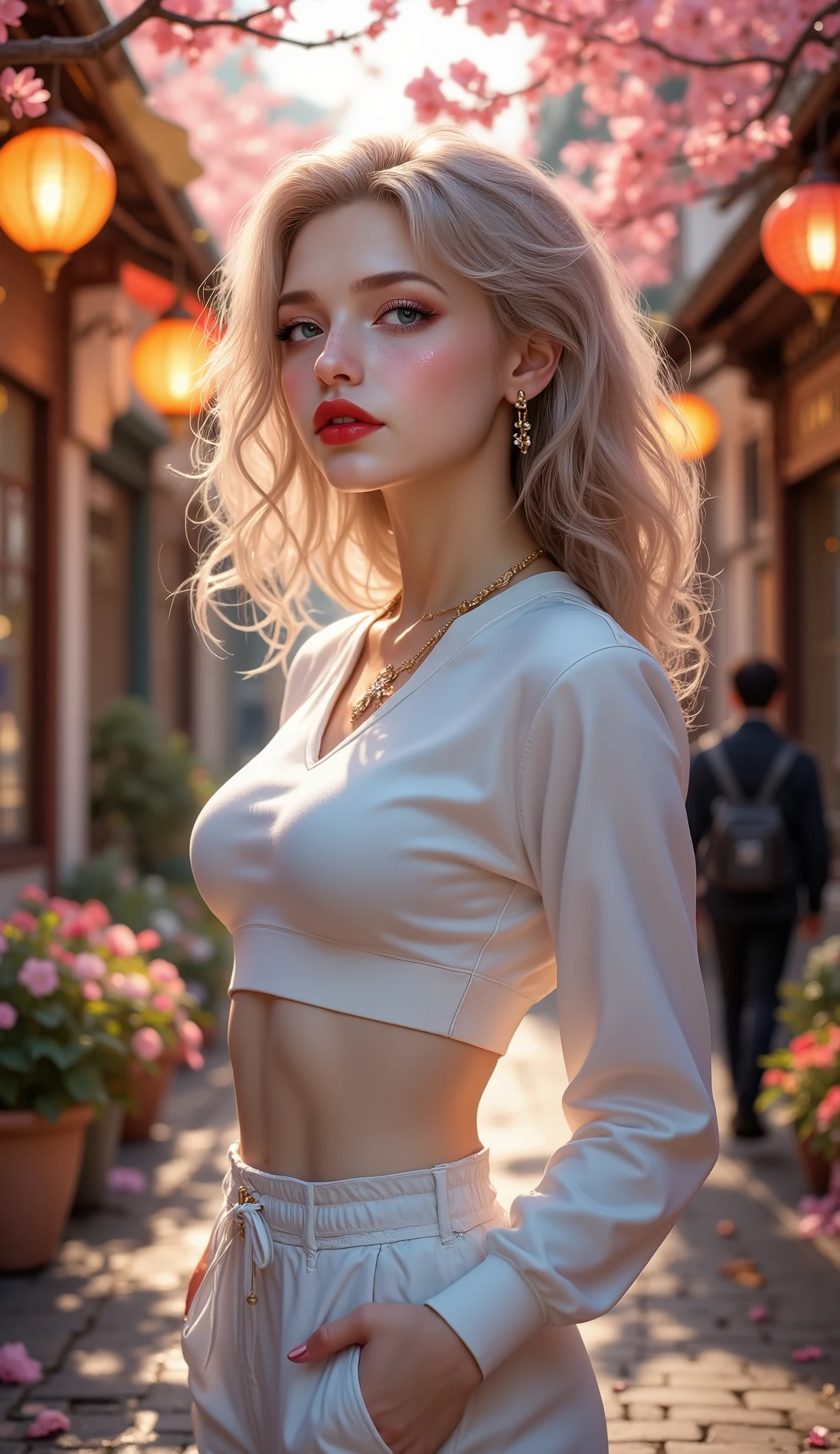 Best Quality, Ultra High Resolution, (Realistic:1.4), 1 Girl, Off-the-Shoulder White Shirt, Black Tight Skirt, Black Necklace, (Faded Gray Gray Hair:1), (:1.2), Looking at the Viewer, Close Up ,
