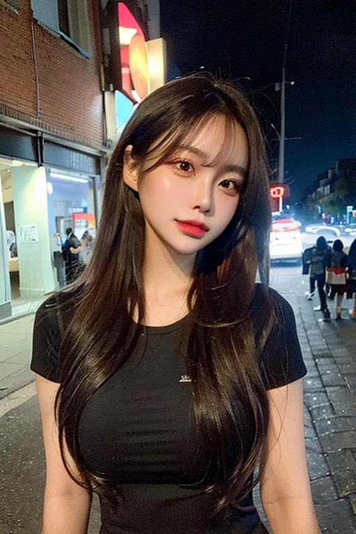 (Practical, high resolution:1.2), 1 girl, The face shape and eyes are super beautiful, long hair, Tight black vest with black jacket, Short jeans, Sitting in a cafe chair, in a cafe, Coffee on the table, Large Breasts