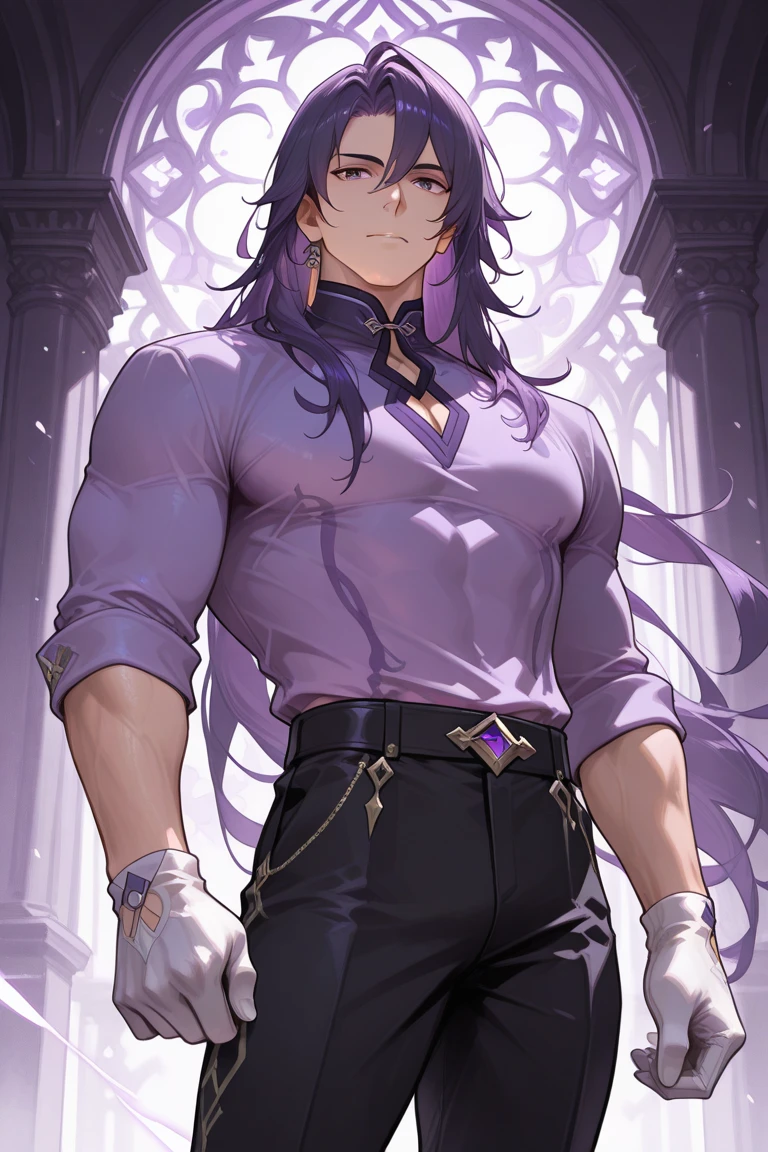 masterpiece, 1boy, cowboy shot, looking at viewer, smile, <lora:SeadallFE-bsinky-v1:0.8> casSeadall, long hair, midriff, headband, black pants, purple robe, wide sleeves, androgynous, indoors