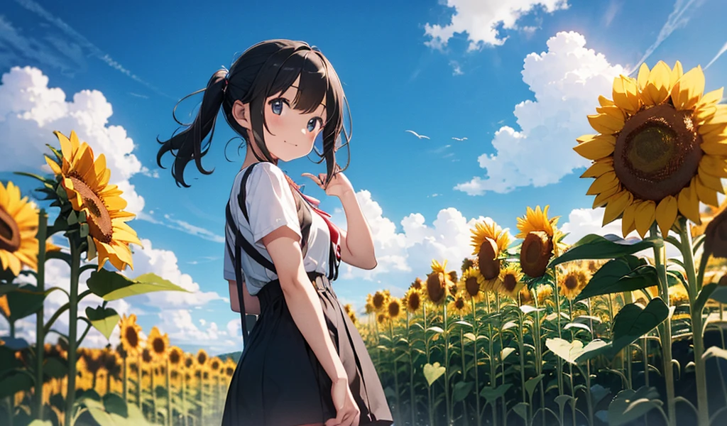 Anime cat eared girl wearing one piece with cat ears, shoulder look, anime drawing by Yang J, pixiv contest winner, serial art, digital anime illustration, kawashi, anime style illustration, anime style 4K, beautiful anime portrait, anime style portrait, anime style artwork, Guweiz style artwork, Anime Illustration, Digital Anime Art, Detailed Digital Anime Art, Beautiful Blue Sky, (((Beautiful Cloud)),((Sunflower))