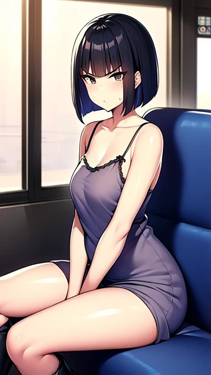 best quality,masterpiece,Ultra-high resolution, 2-Girls, smile, tiny ears, sitting,Big breasts,slim,Long legs,expose legs and feet, sexy pose, feet,8k, beautiful eyes, beautiful body, Good anatomy, young girl, black hair with blue strands, blue eyes, full body view, Extremely detailed, bangs, short hair, breasts, barefoot, looking_at_viewer, sexually suggestive, nude,naked, ((sitting)), ((nsfw)), shy smile, sexy poses.