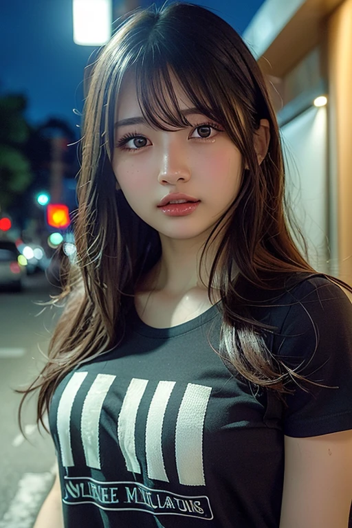 Japanese woman on the street in a black t-shirt, neckleace,breasts big