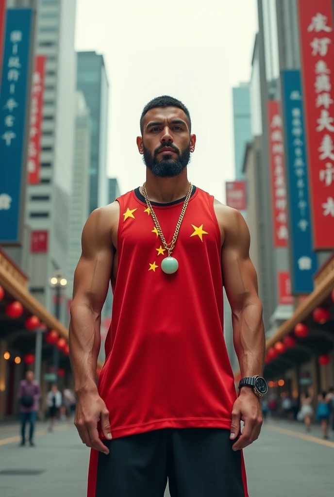 1 Chinese man 2 He holds a flag 8 meters long and it is the flag of China 3 he has a black background 4 he has six-pack abs 5 he has tattoos of Chinese dragons 6 he has velvet pants with Chinese dragons 7 The pants have colors that represent China 8 The man has a forward hairstyle 9 He has red eyes like a dragon
