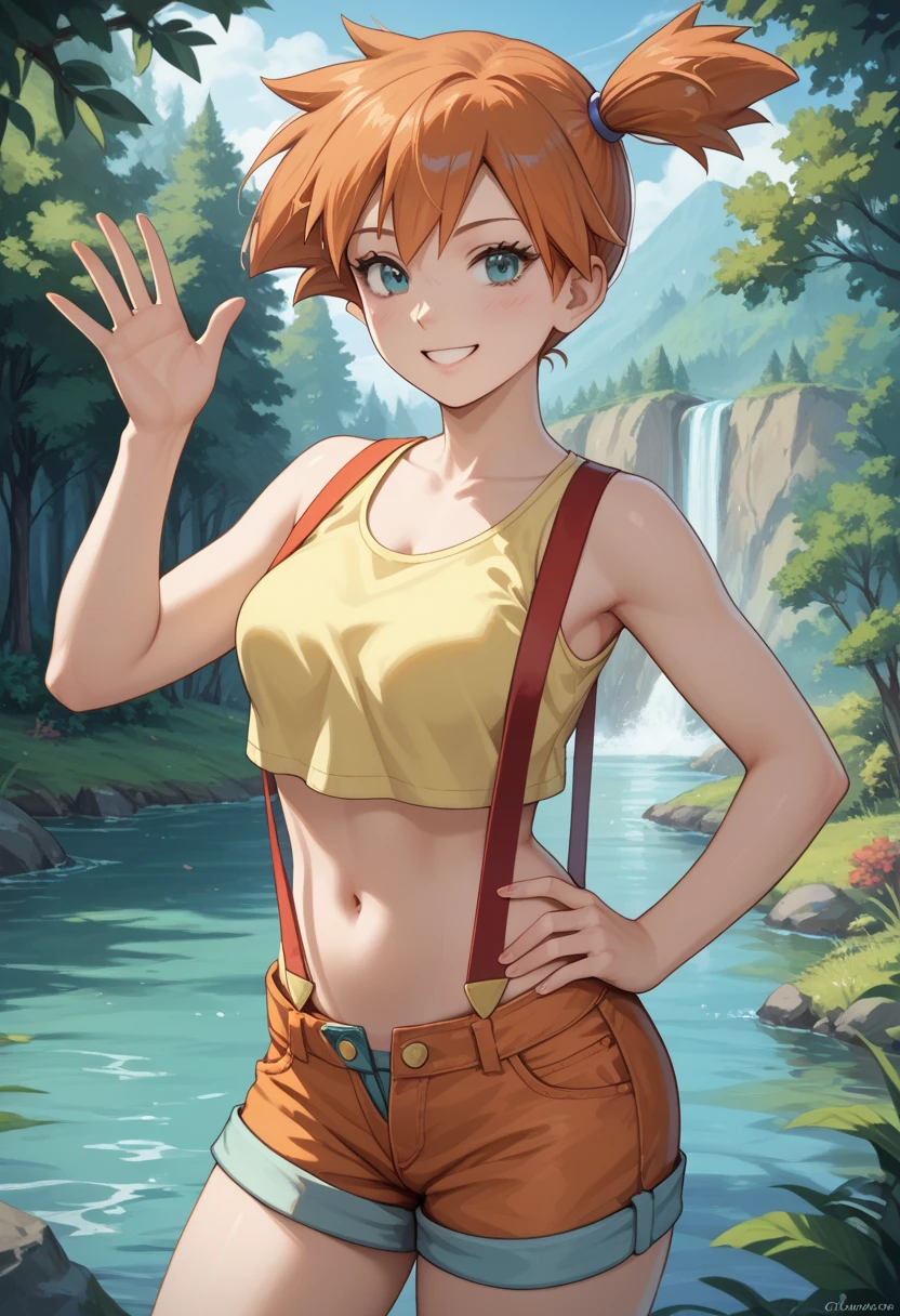 (Masterpiece, Best Quality, High Quality), Rin Hoshizora Love Live, orange hair, yellow eyes, cowboy shot,bangs, crop top overhang, jewelry, closed mouth, earrings, outdoors, sky, short shorts, cute choker, mountain, mountainous horizon, smile ,(lipstick:0.7), thicc thighs ,wink, collarbone, cleavage ,watch