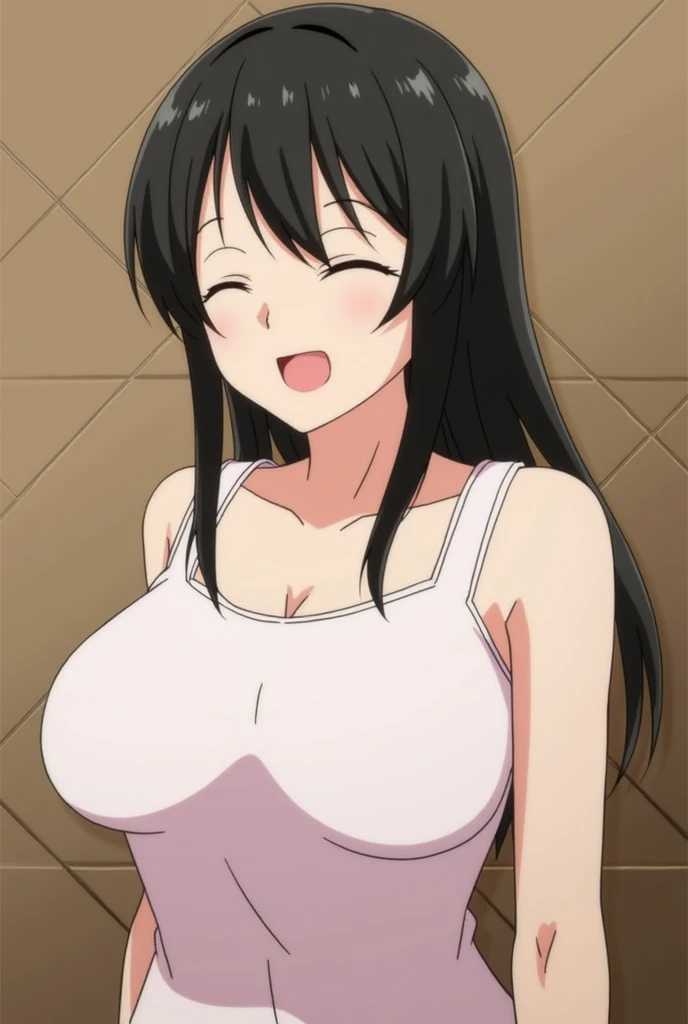 score_9, 1girl,solo, facing viewer, large breasts, (hinata, hyuuga hinata, purple eyes, blunt bangs, black hair) 1girl, solo, big breasts, perfect breasts, large breasts, round breasts, ahegao face, eyes crossed, mouth open, drooling, tongue out, black bikini top, cleavage, bare shoulders, collarbon, bare arms, underboob, full frame, head in frame, looking up