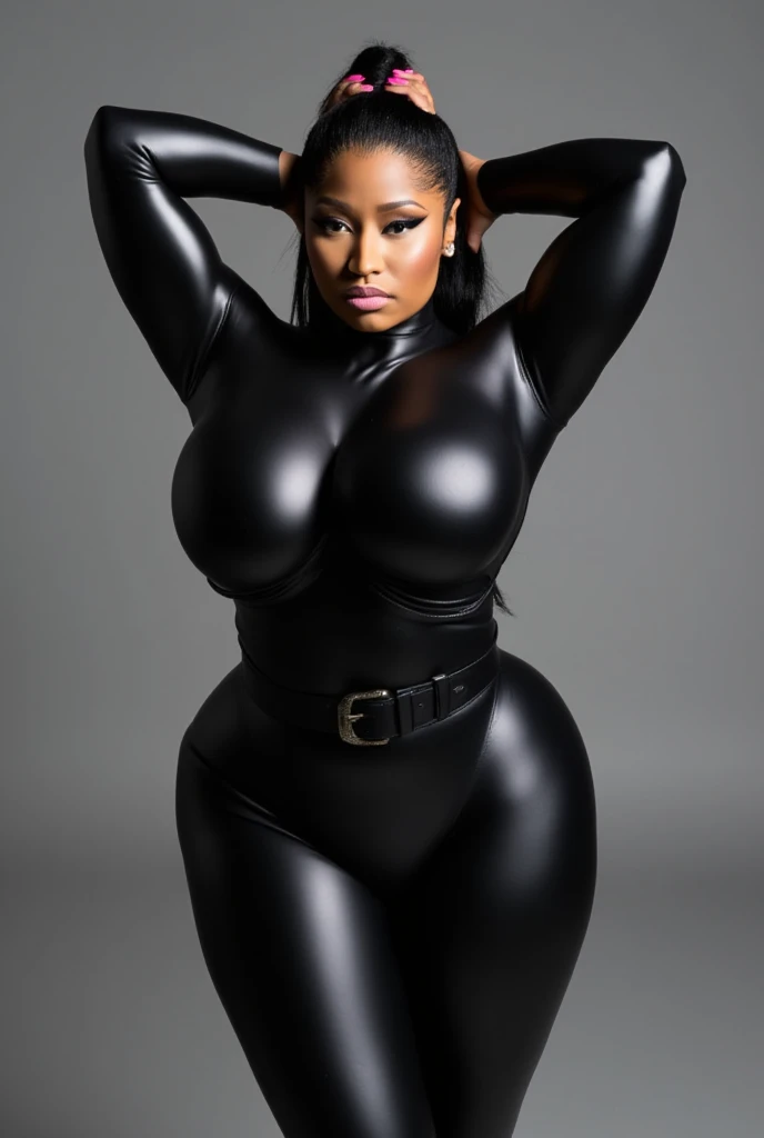 "An ultra-detailed 8k masterpiece of better quality and high saturation well focused. The image features an outfit illustration featuring a beautiful plus size black woman wearing a super tight sexy white LEATHER BODYSUIT, including a blue background, long legs, CLEAVAGE:1.3, FROM SIDE:1.3."