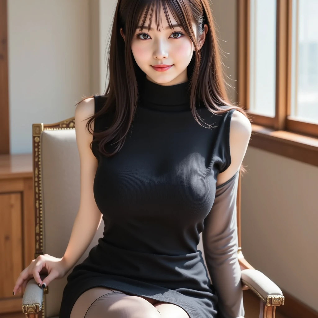 Highest quality、masterpiece、8k、Very detailed、Realistic、(One woman)、bed、(Looking at me with a smile:1.5)、whole body、Black Hair、Small face、(Slender:1.2)、(Big Breasts:1.2)、(A tight, buttoned, sleeveless sailor suit:1.2)、(Short tight skirt:1.2)