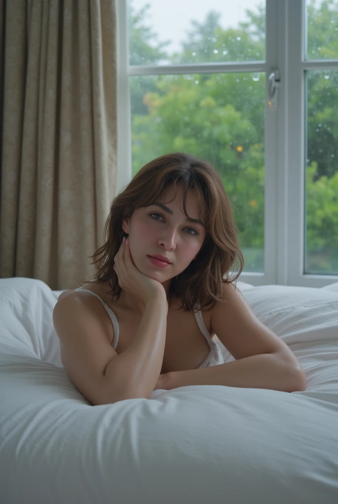 There is a woman sitting on a bed with a pink sheet, posando em um quarto, posando na cama, inspirado por Nan Goldin, Em Estilo de Nan Goldin, No estilo de Petra Collins, enquanto posa na mesma cama, no meu quarto, na minha cama, Sandra Chevier, Petra Collins, na cama, Directed by: Nan Goldin, em seu quarto