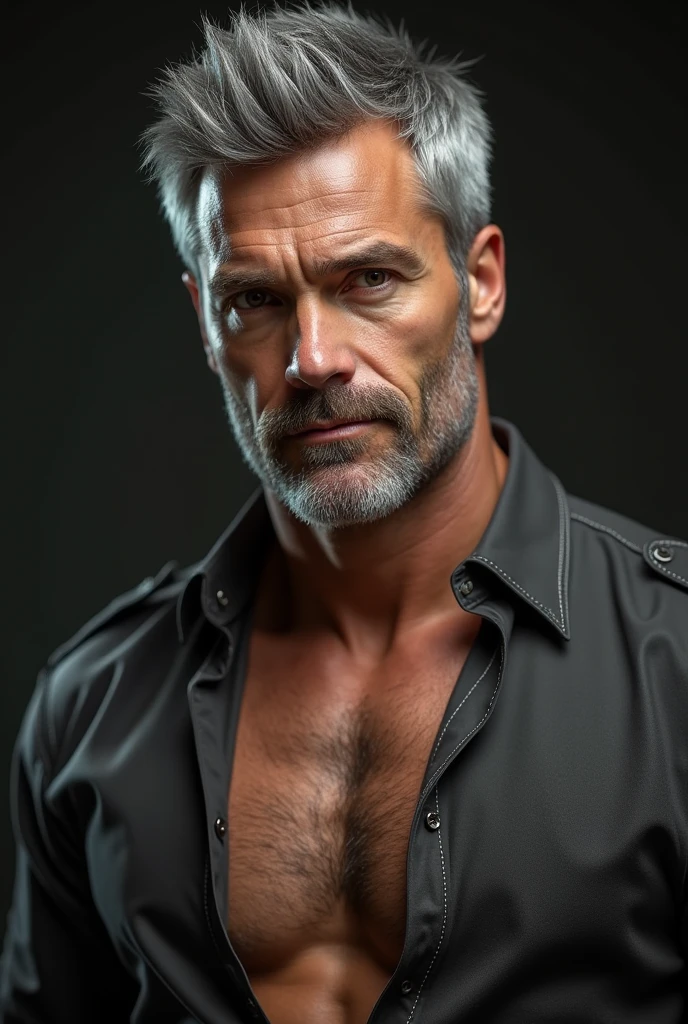 masterpiece, best quality, high resolution, closeup portrait, male focus, solo focus, A man, 50 years old, daddy, unbuttoned undone open clothes, visible bulge in oants, silver grey hair, messy hairstyle, cute and seductive face, bare chest, body hair, facial hair, roman nose, scruffy, hairy abs, skinny body, hairy legs, dimples, beard, bold jawline , attractive mature and fit man on a boat in lake, in the background a lake, view from below, amazing composition, front view, HDR, ultra quality, elegant, highly detailed