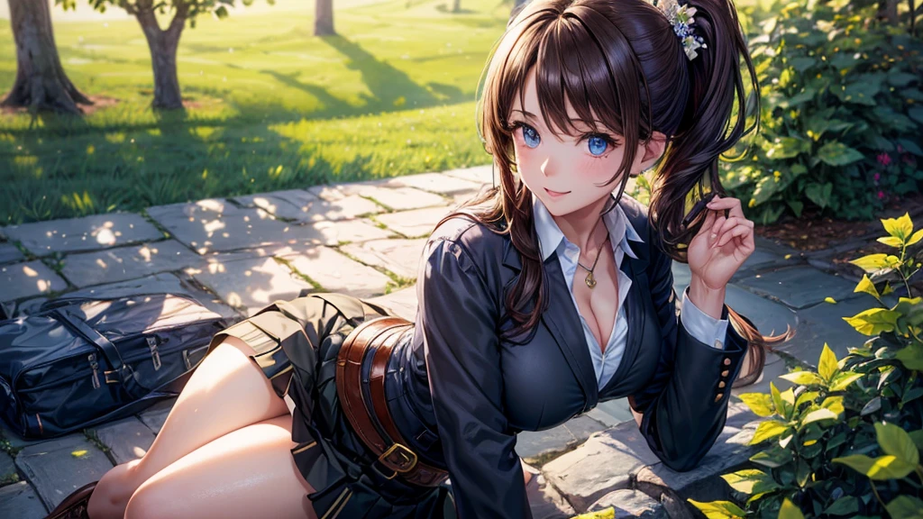 girl, solo, village, trees, sun, clouds, ((brown hair)), ponytail, large breasts, ((brown leather jacket)), button down shirt, ((blue checked shirt)), ((unbuttoned shirt)), unbuttoning buttons, cleavage 1:3, green eyes, long skirt, brown boots, smile, happy, looking at the viewer, standing, hair ribbon, golden necklate