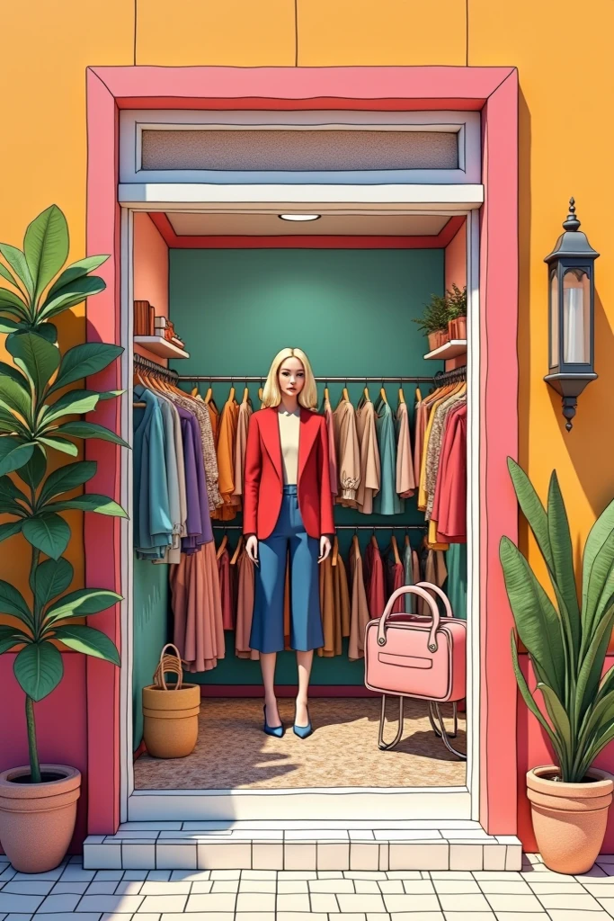 (masterpiece, best quality:1.4), portrait, solo, (2d:1.2), (solo:1.3), toon \(style\), cinematic, ts_barbie, contrapposto, (blue eyes), (shiny:1.1), blonde hair, (shiny), curly hair, blunt bangs, hair flower, smile, head tilt, hawaiin shirt, (bell-bottoms), heels, full body, cute, [chibi], colorful, playful pose, dancing,  vibrant colors, beautiful, fun, dutch angle, striped print, floral print, long sleeves, hair ribbon, shiny skin, short hair, clothing store, (clothes rack, clothes hanger, unworn clothes:1.2), 70's fashion, digital illustration, (extremely detailed:1.1),hyper-Detailed,amazing quality