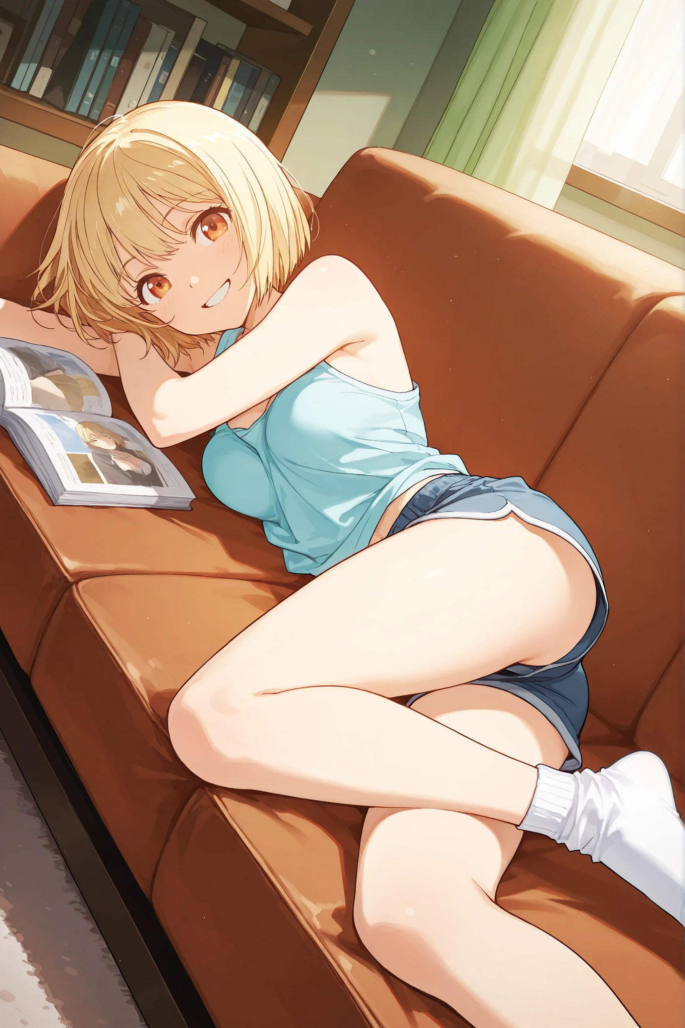 Modern, anime style, 1girl, caucasian with fair sunkissed skin and a slim body. Short stature and strong figure. Medium sized breasts, round rear. Has big amber eyes, blonde short hair cropped in a bob cut. Wearing thrift shop clothes, tank-top, old shorts, ankle socks. (happy, smiling expression). At home, in living room, modest apartment, poor apartment, small apartment. Lying down on couch, reading fantasy novel. Dutch angle shot, masterpiece, best quality, amazing quality, highres