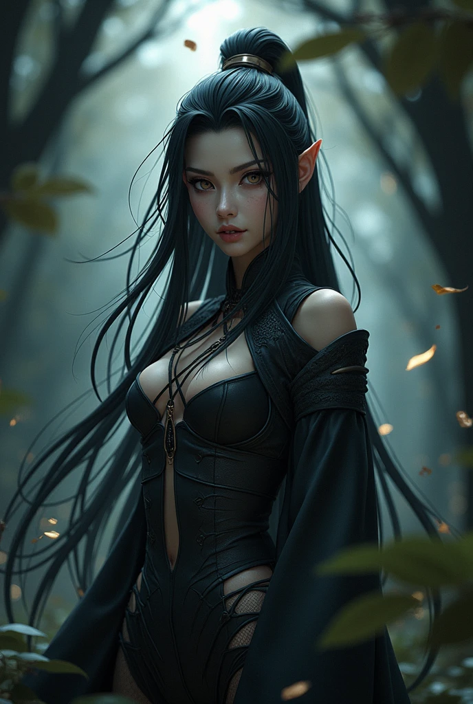 1girl, dark witch, black long hair, pale skin, red eyes, elf-like costume, mysterious dark setting, dramatic lighting, (best quality,4k,8k,highres,masterpiece:1.2),ultra-detailed,(realistic,photorealistic,photo-realistic:1.37),cinematic,dramatic atmosphere,moody lighting,dark fantasy,dark magic,intricate details