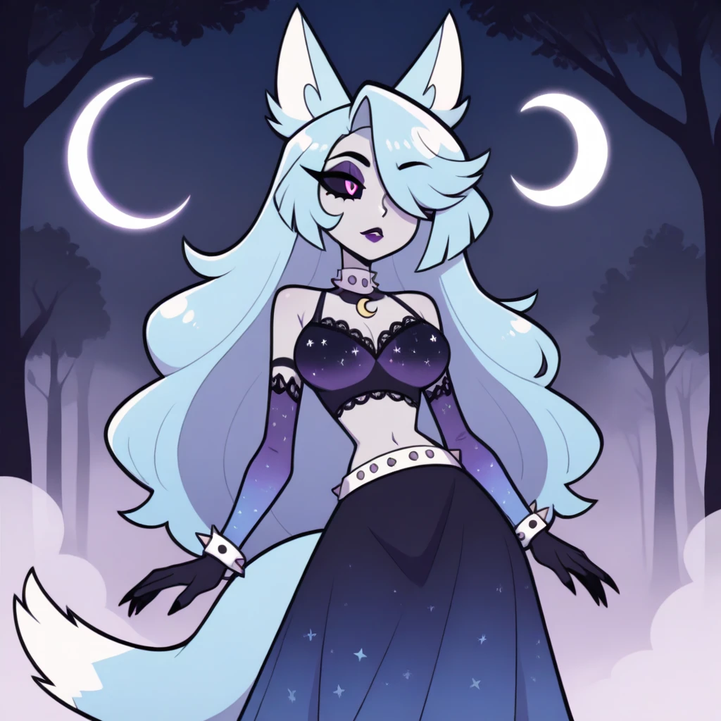 score_9,score_8_up,score_7_up, sierra, a young nerdy Anthro furry wolf woman, white furry body, tall, long sexy legs, , long black messy hair, hair covering one eye, blue eyes, black sclera, black glasses, wearing steam punk dress, puppeteer dress, she is a doll, hinges on jaw, doll joints, barefoot, doll joints on fingers and toes, smirking, puppeteers a small puppet with strings, front view, floating, suspended by strings,