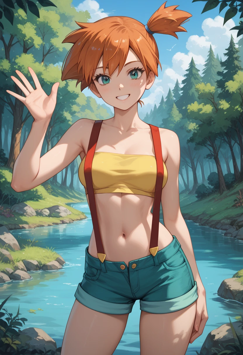 from front, belowview,,(Dutchangle),soro focus.,(upperbody:1),(,best quality, ultra detailed),superfineillustration,anime studio,highly detailed, (detailed background, complex background:1.2), (perfect face, detailed face), full-face blush, (smile, happy), (milf, mature girl) misty_(pokemon), short hair,side ponytail, looking at viewer, smile, blush, navel, shorts, blue eyes, (suspenders), shirt, crop top,beautiful abs,(beautiful under_boob), midriff, short shorts, medium breasts,(beautiful body),(skiny skin).(). (outdoors, garden, thighs,standing),depth of field,(professional lighting,cinematic lighting,lens flare.beautifully lit),(hands on hips) ,misty_(pokemon),