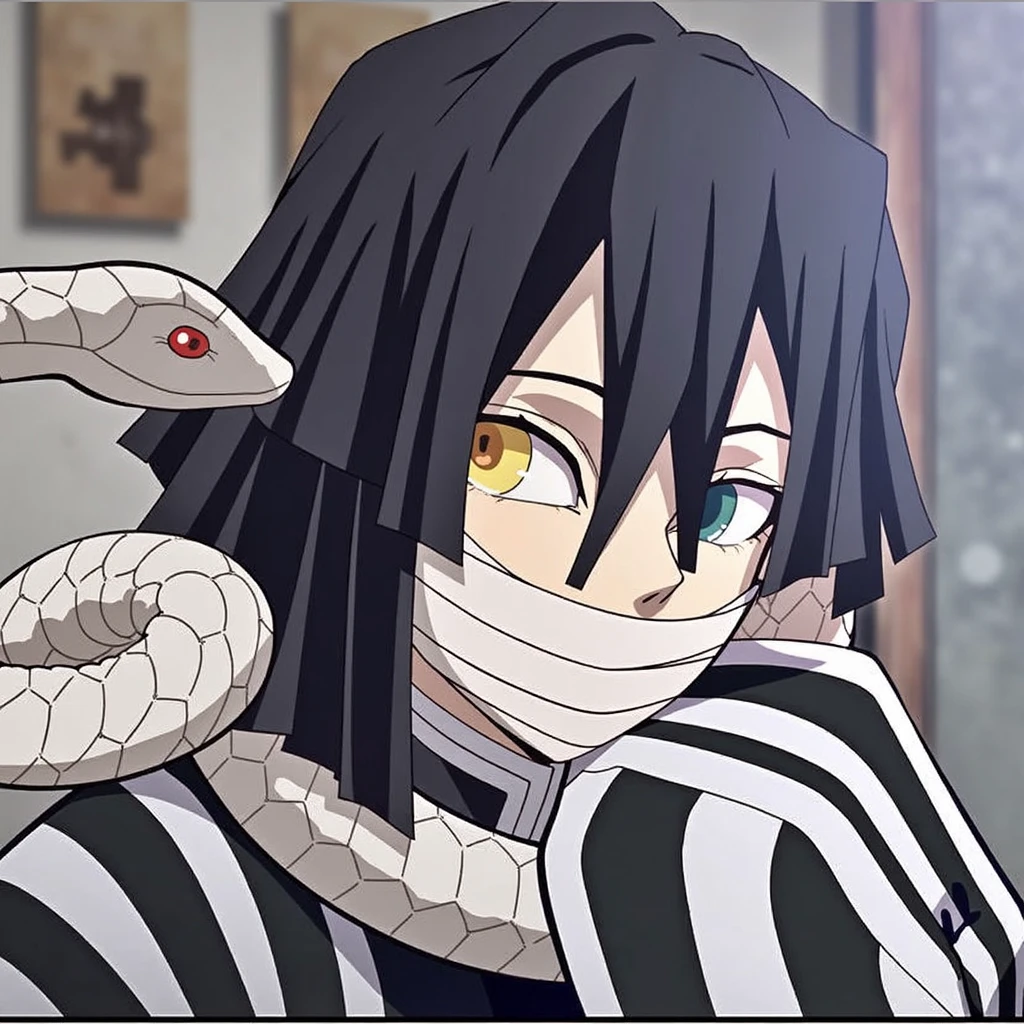close-up of a man with a snake, wrapped around his head, Demon Slayer Rui, fanart, Demon Slayer art style, anime character, best anime character design, inspired by Okumura Masanobu, The Joker is similar to Naruto, Wataru Kadzik, Kimetsu no Yaiba, handsome guy in demon slayer art, official art, 5D anime style