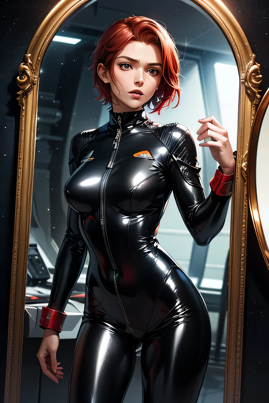 (photo realistic1.2),ultra detailed,(8K),(1girl),(cyberpunk:1.5),(ruins),(bed),Matte clothing,(cyberpunk costume:1.5),Futuristic Weapons,Future Items,Goggles of the Future,topless, (small nipples), (big breasts: 1.2),nude gravure, beautiful Japanese, clothes in disarray,earrings,(from above),looking at viewer,(lying down pose),(embarrassed),bust shot,(orange hair),(short hair),22years old,