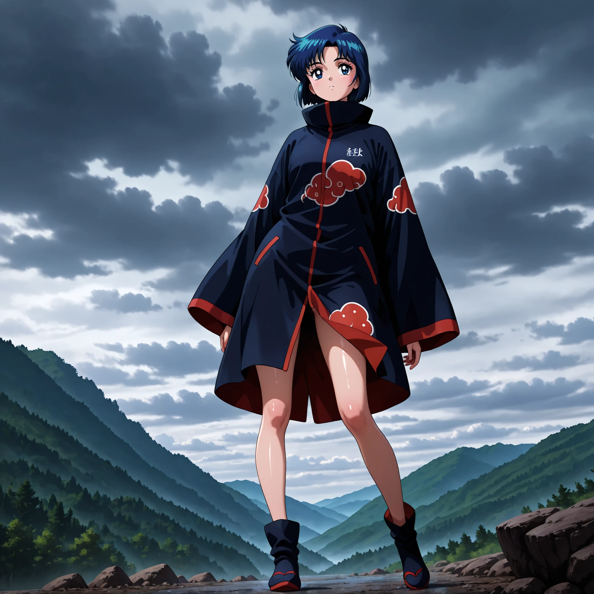 masterpiece, amazing quality, best quality, ultra-detailed, 8K, illustration, clear skin, ultra-detailed-eyes, soft skin, very awa, very as2, shiny skin, shiny hair, soft body, 90's style, official art, ami mizuno, blue eyes, blue hair, short hair, parted bangs, akatsuki uniform, looking at side, solo, full body, contrapposto, grey sky, cloud, hidden village, ,