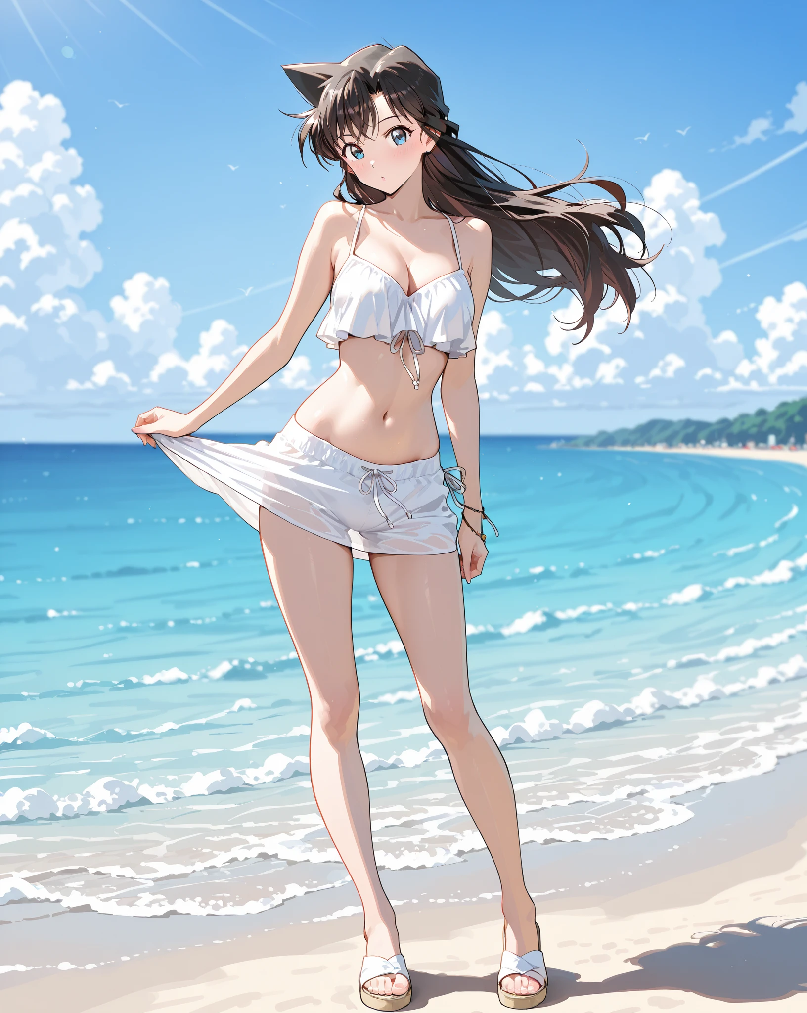 1girl in、A smile、(small tits)Chilarism、夏天、Mare、sea bathing、(Wearing a yellow bikini swimsuit)、Beach、the wind、suns、Portrait from the knee up、