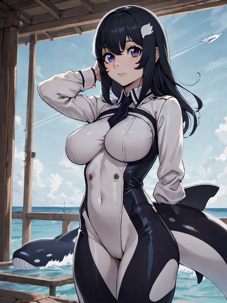 Girl with giant breasts, covered with white sperm liquid.