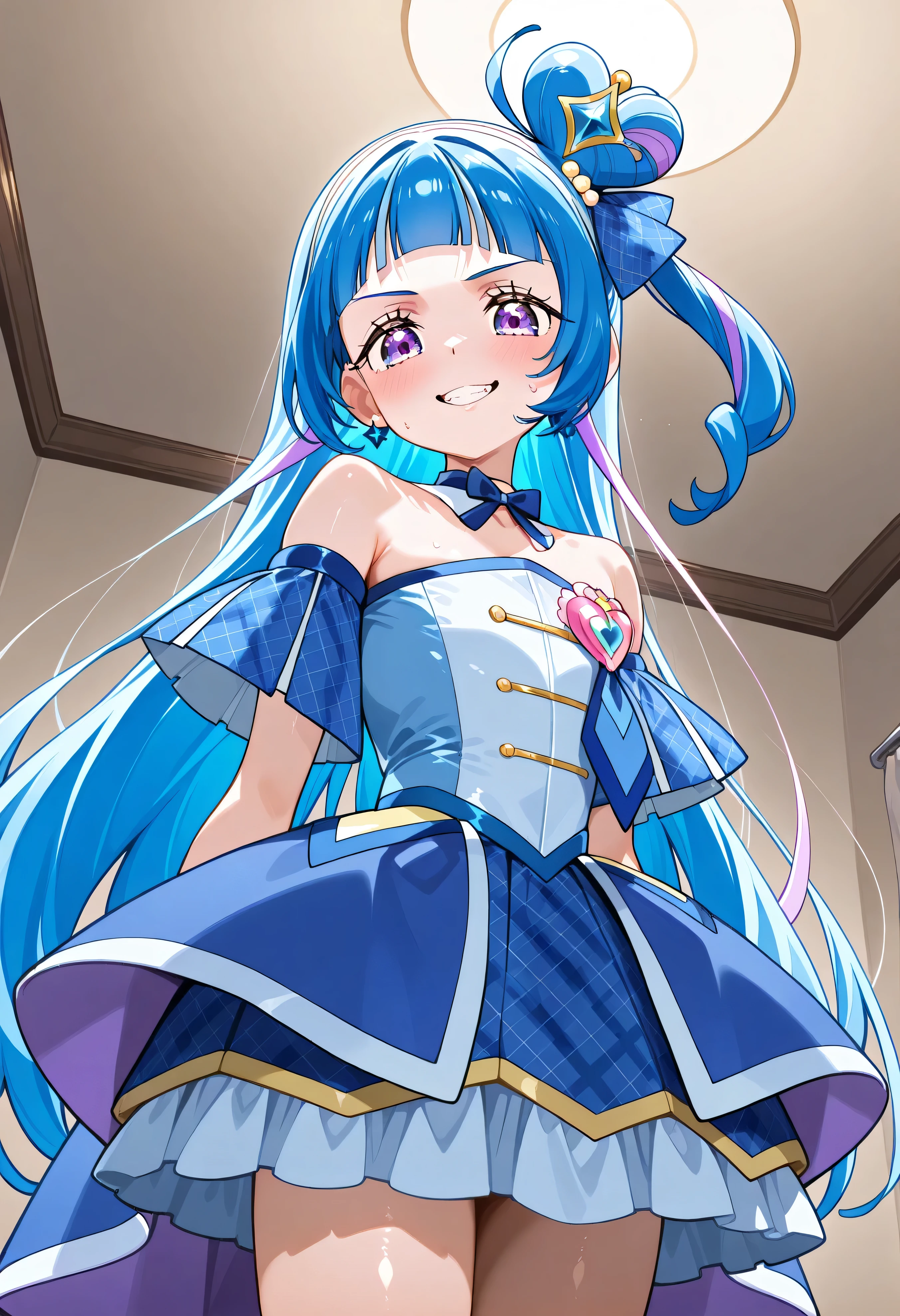 、 Look Down、from below、 break、Cure Wink、cure winks 、Idol Kimi and Idol Pretty Cure Blue Hair、Magical Girl、 mini crowns、purple eyes, blue dress ,slanted hat,very long hair,Dull bangs,bare shoulder,headband,other rooms,,nsfw,evil grin